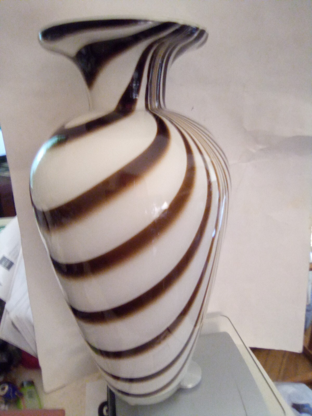 12inTall hand blown art glass vase White with brown stripes excellent condition