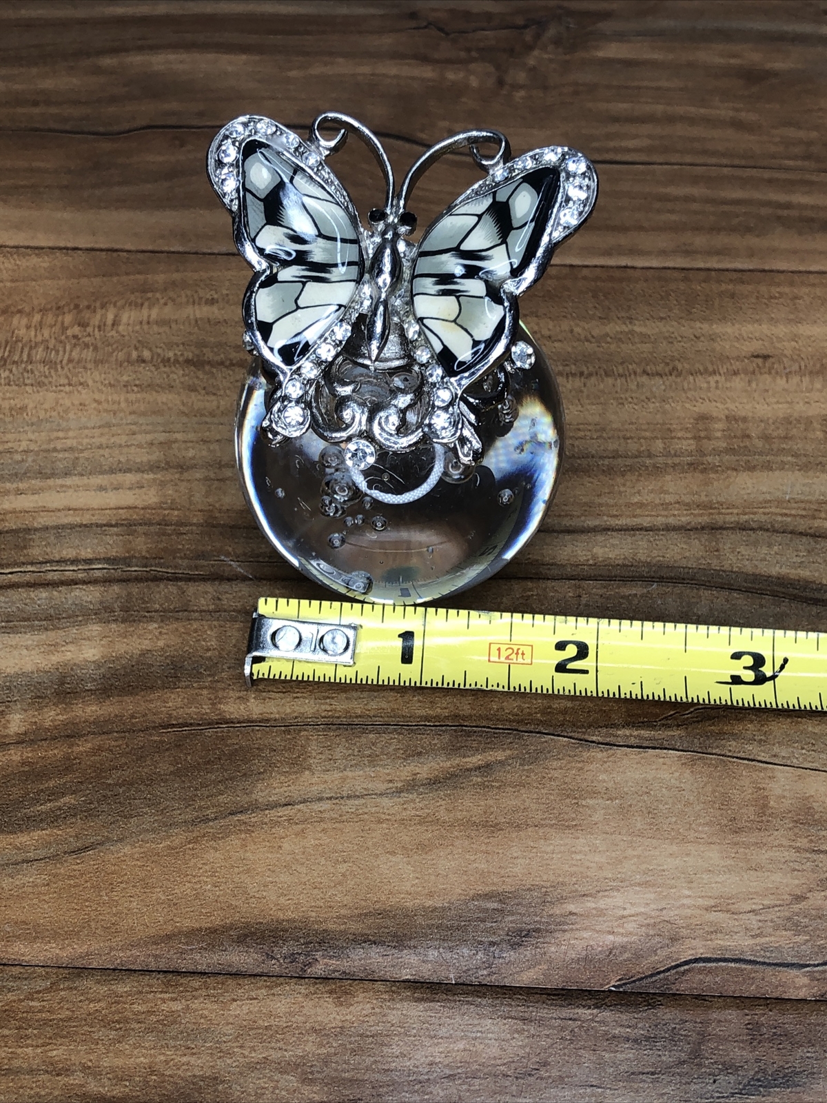 Art Glass Paperweight Controlled Bubbles Ball – Metal Silver Enamel Butterfly