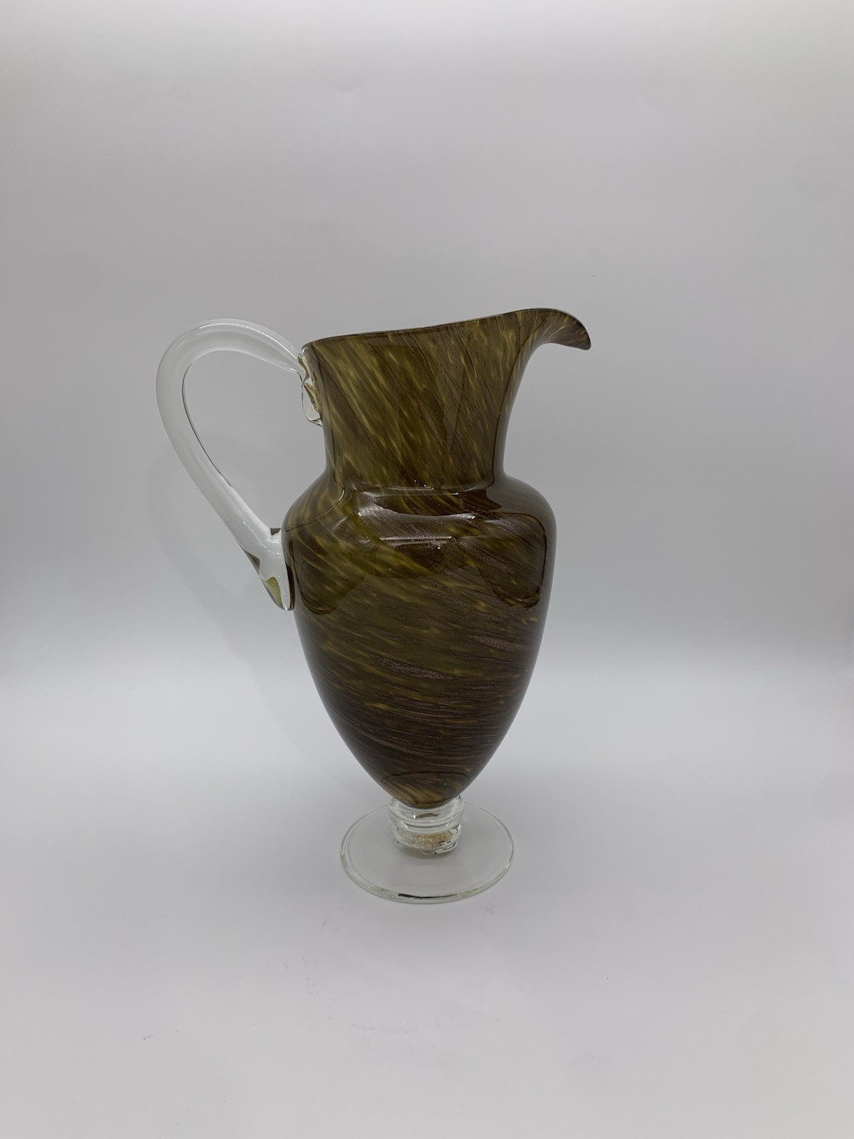 Vtg. Smokey Ornate Gold Glitter Accent Swirl Art Glass Pitcher Vase With Handle