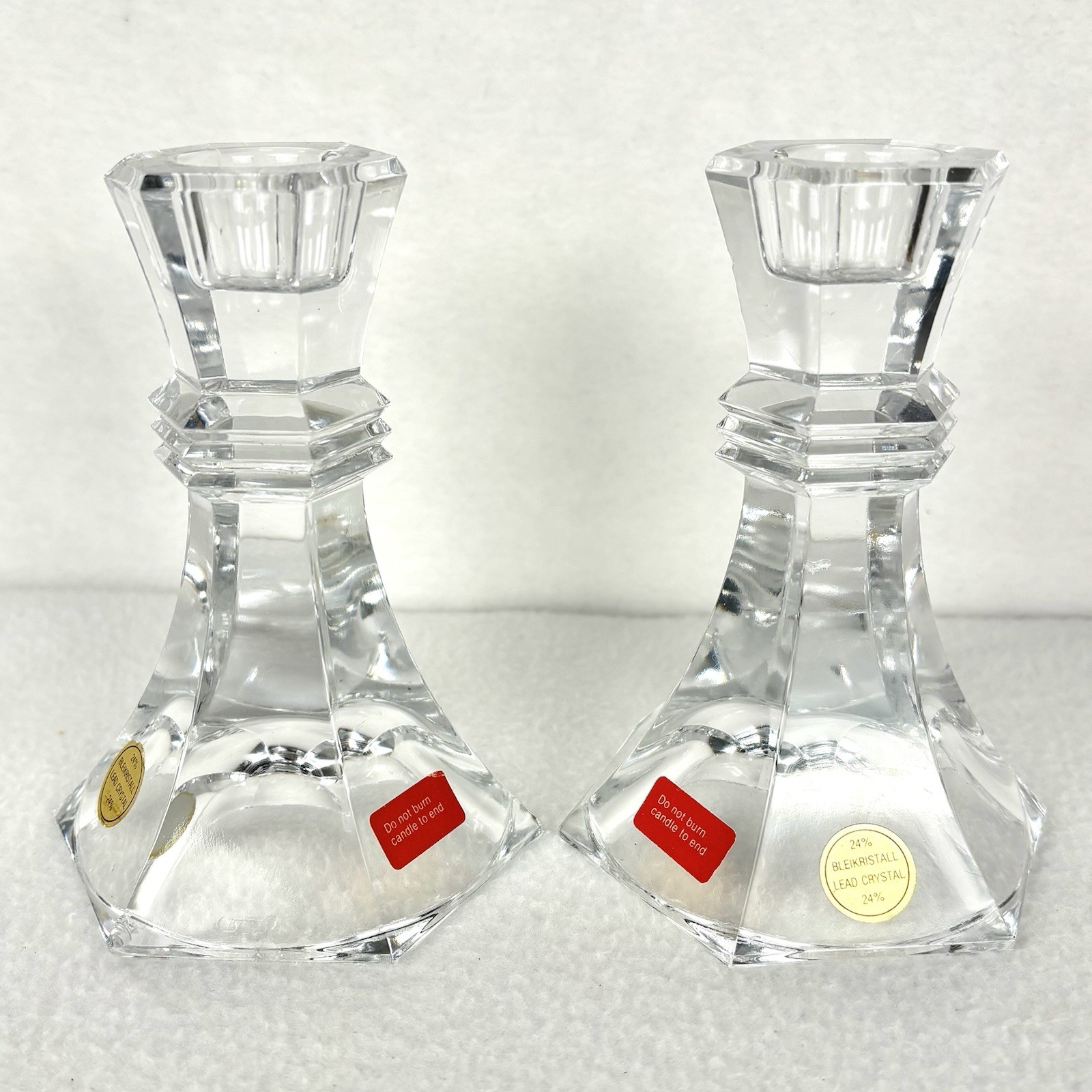 Bleikristall 24% Lead Crystal Candlestick Pair Taper Holders Hexagon Base Set 2