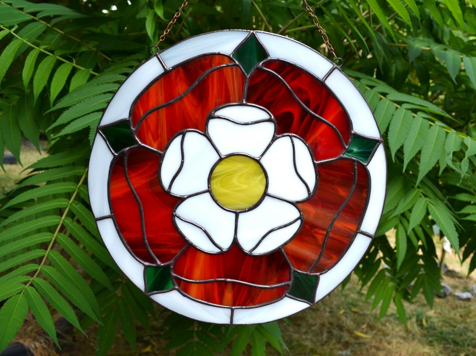 Tudor Rose Round Stained Glass Window Panel 10″