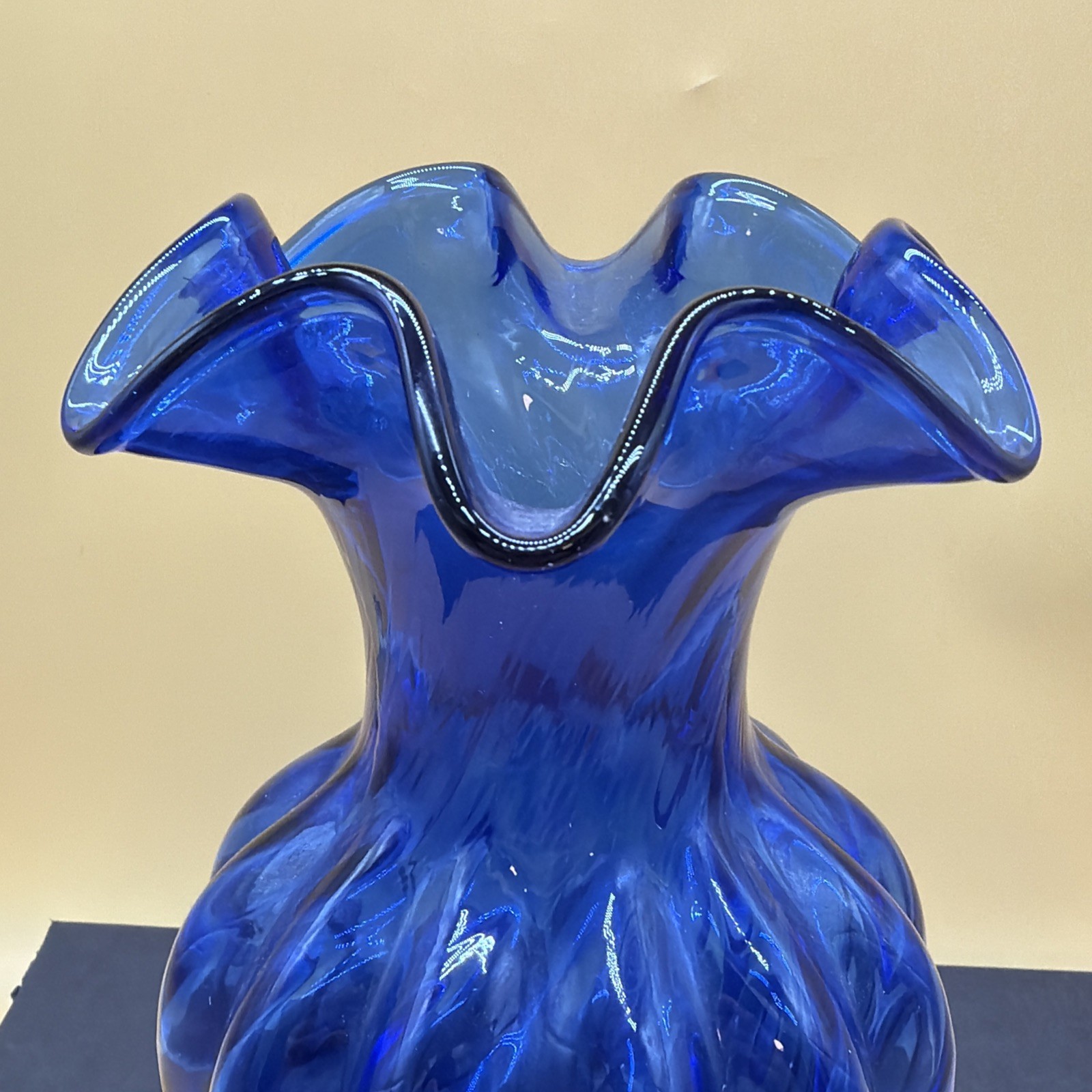 Vintage Fenton Cobalt Ribbed 3 Crimp Vase RARE 11” Tall