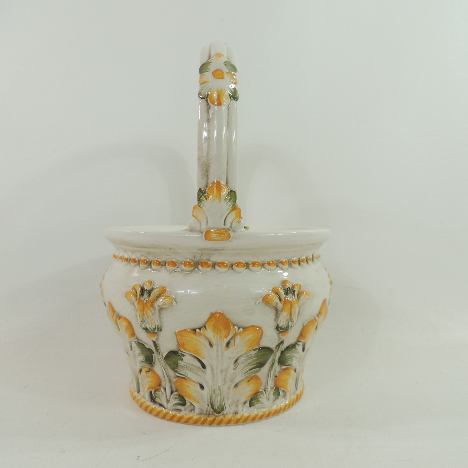 Vintage Italian Ceramic Flower Frog Basket Vase Yellow Floral Hand Painted