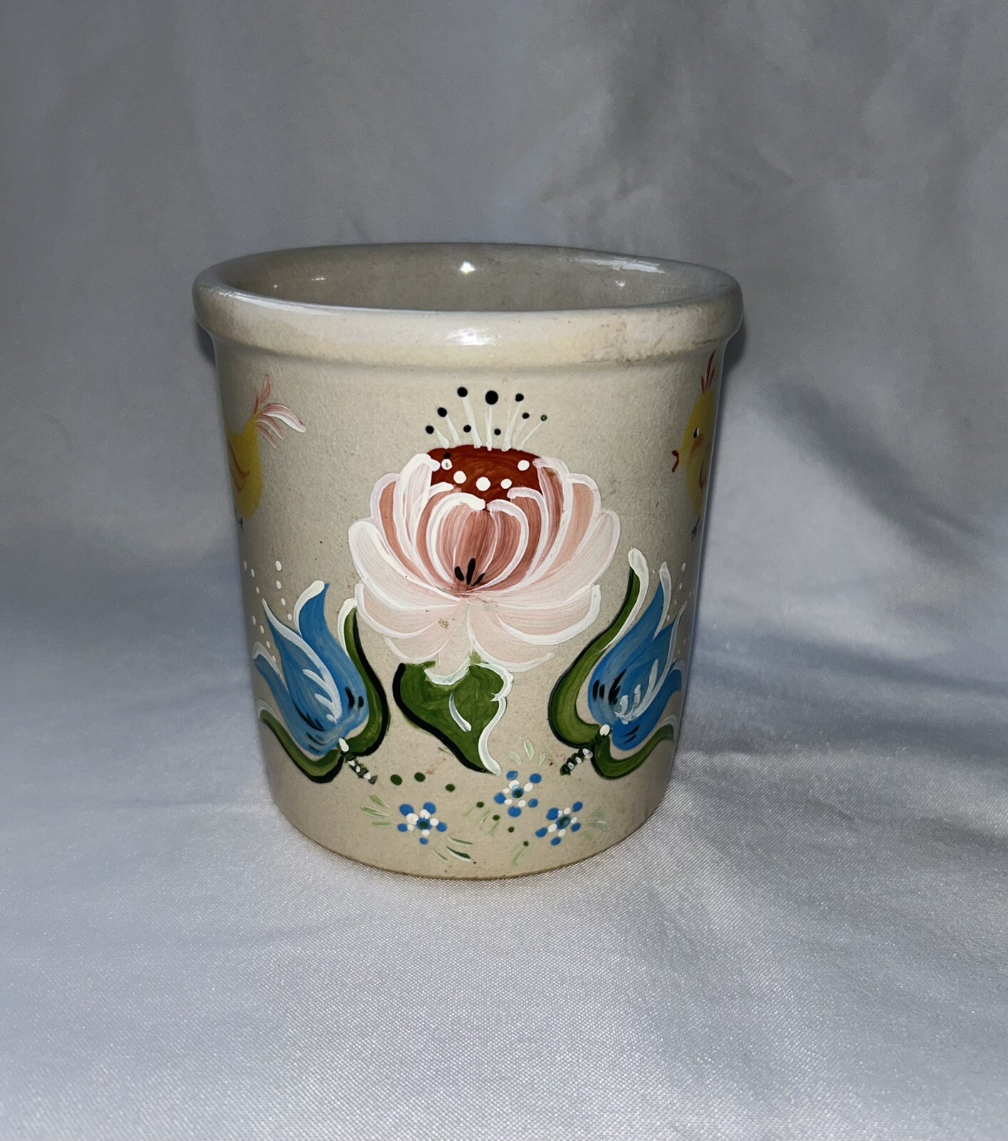 Vintage Hand Painted Small Crock Floral Signed & Dated “89” Unknown Maker
