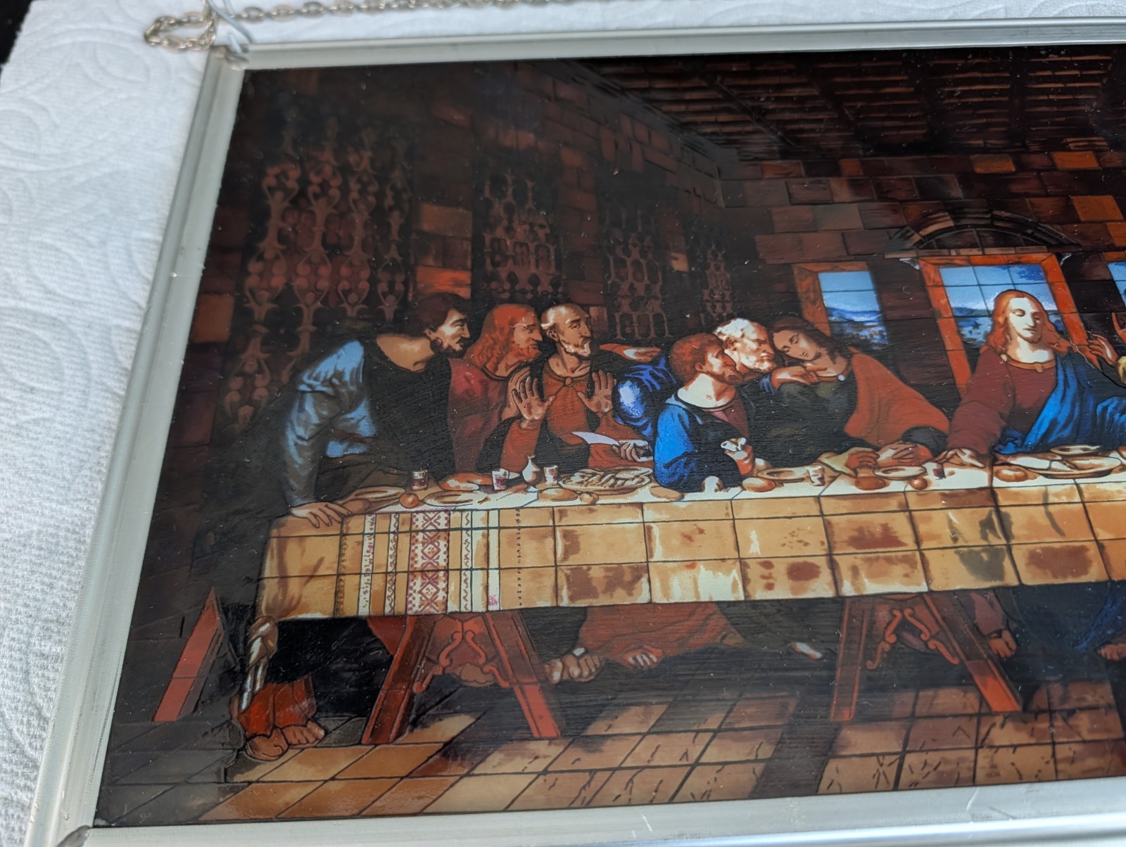 Stained Glass “Last Supper” Leonardo Da Vinci 16×9″ Forest Lawn Window Genuine