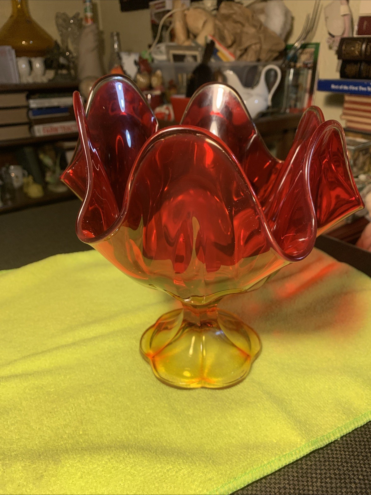 Vintage L E Smith Amberina Handkerchief Art Glass Compote /Vase 8″