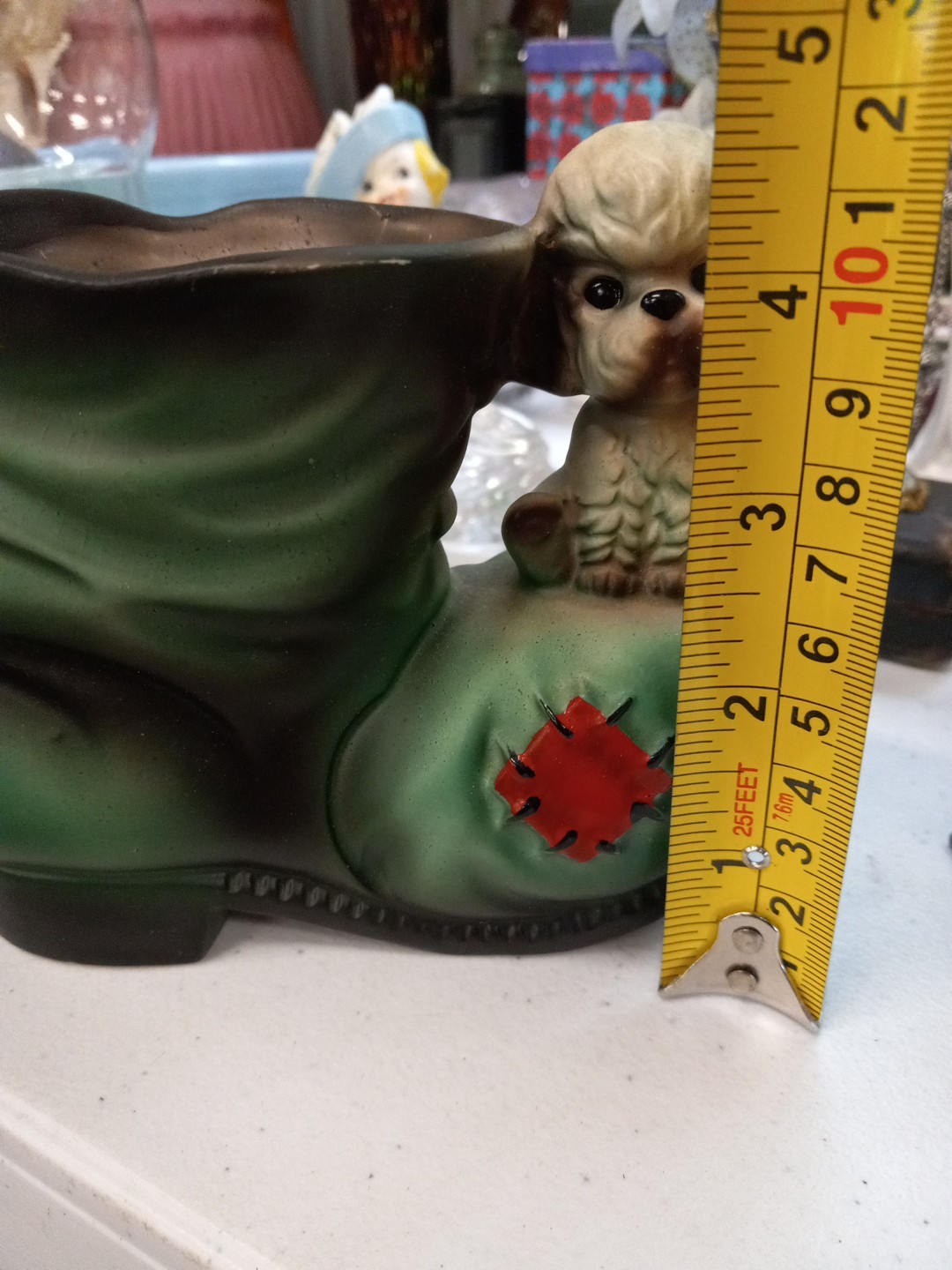 Vintage Green Boot Shoe And White Poodle Sitting Dog Ceramic Planter Vase