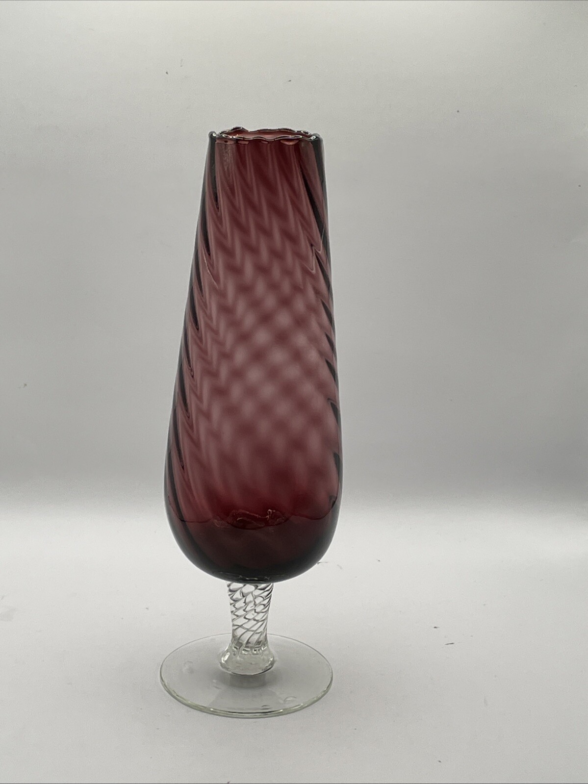 Empoli Amethyst Glass Vase With Swirl Optics, Scalloped Top, And A Twisted Stem
