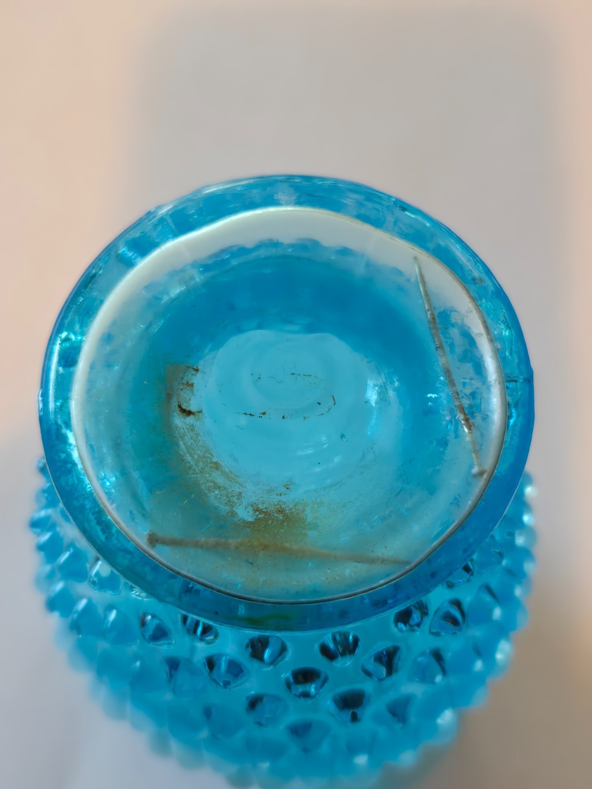 Vintage Mini Fenton Aqua Blue Opalescent Hobnail Ruffled/Crimped Glass Vase
