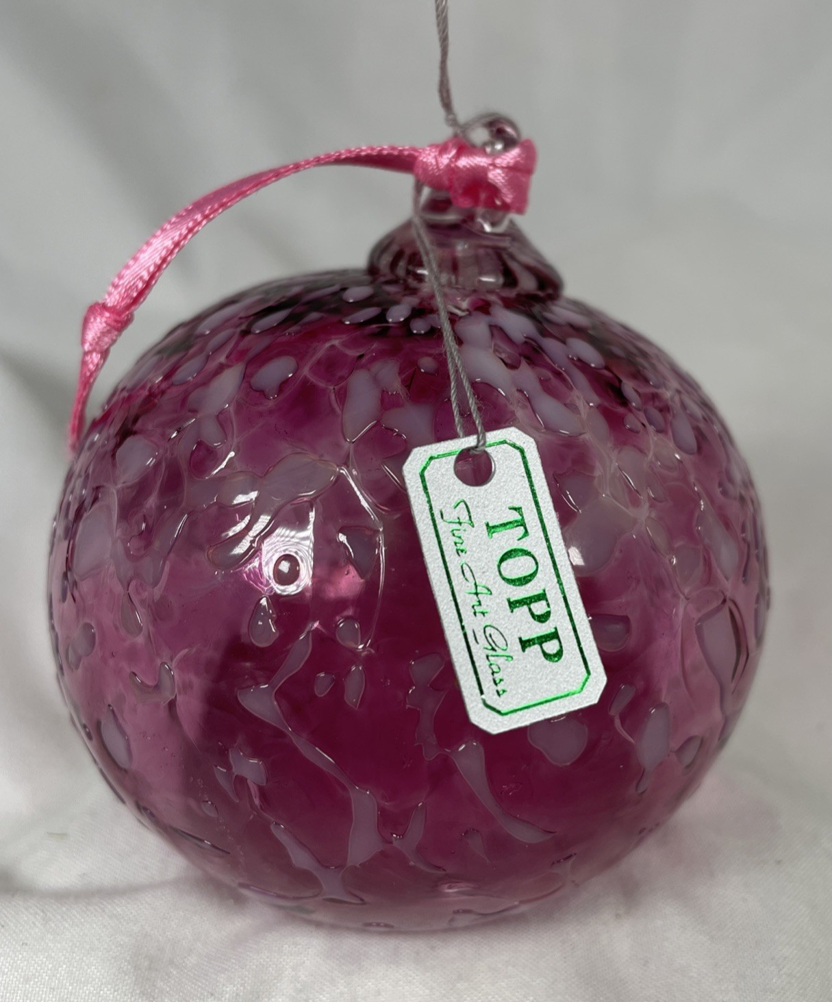 TOPP Fine Art Glass Pink & White Hand-Blown 3” Ornament, Artisan Crafted Glass