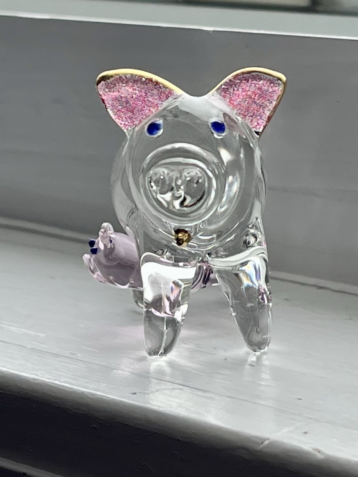 Vintage Solid Hand Blown Clear Glass Mother Pig & Pink Piglet Figurine 2”