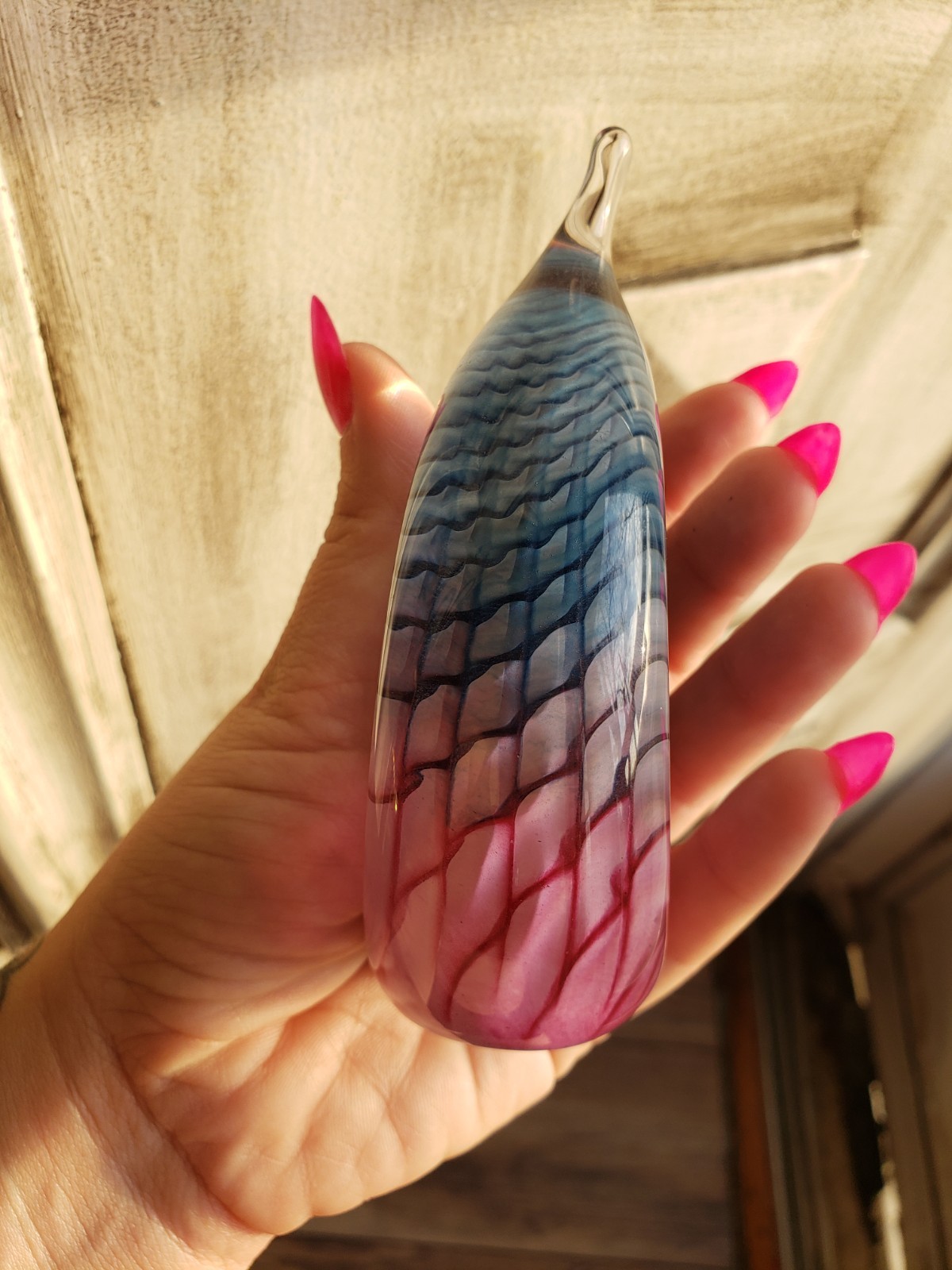 Art Glass Paperweight Tear Drop Flame 2004 Blue Pink Signed
