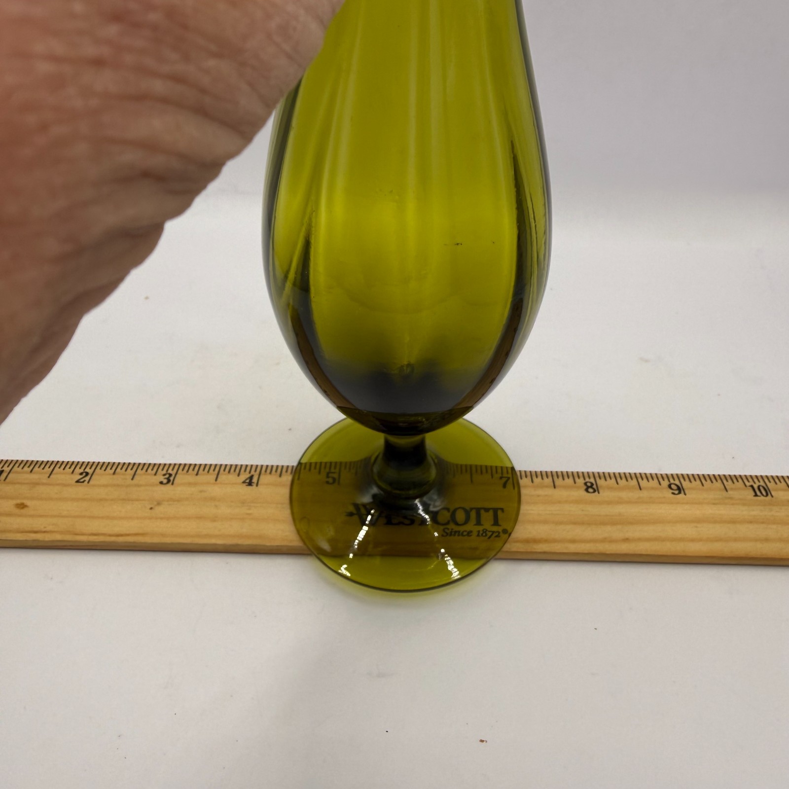 Vintage Empoli Glass Bud Vase Green Ribbed Swung 10″