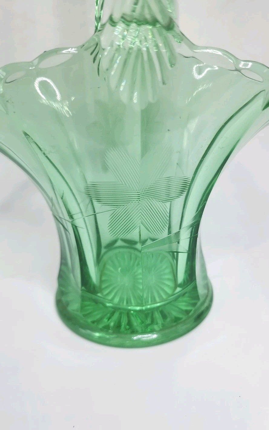 Vintage Green Depression Glass Basket Vase Etched Flower Design 9.5″