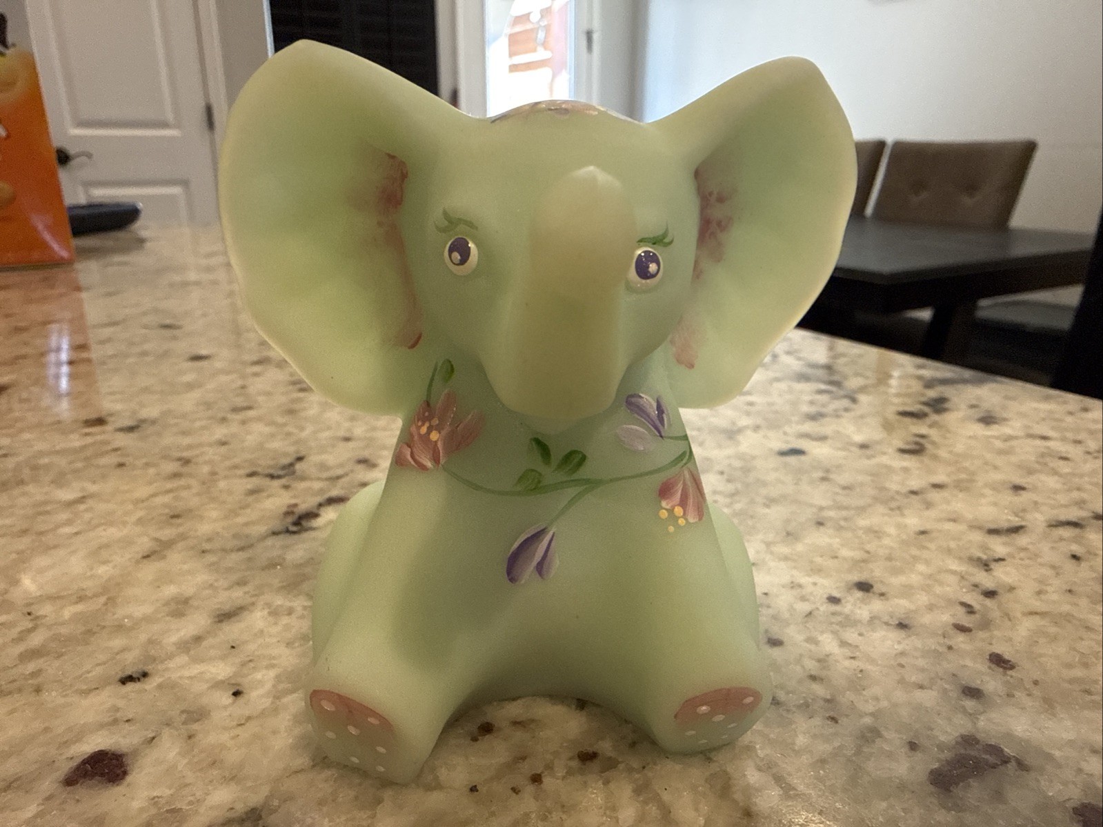 Fenton Satin Sitting Elephant Hand Painted Signed T Mendenhall Floral Figurine
