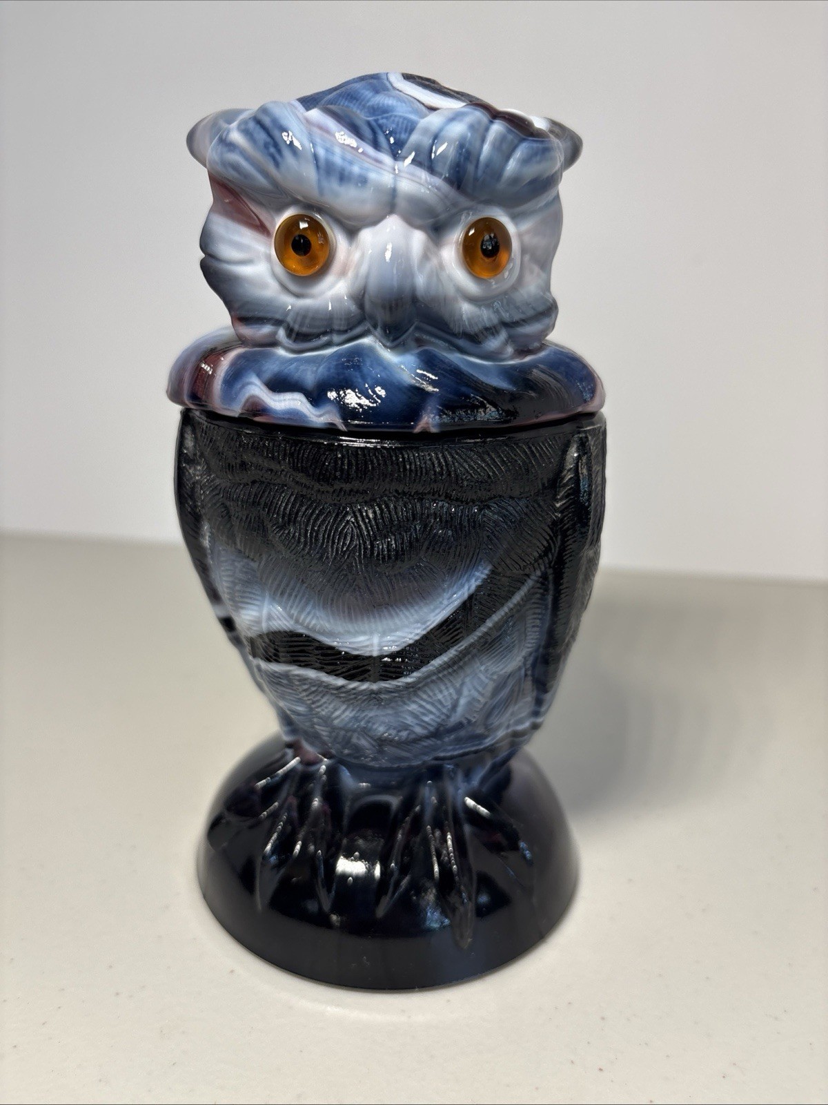 Vintage Imperial Purple Slag Glass Owl Covered Dish w/Labels