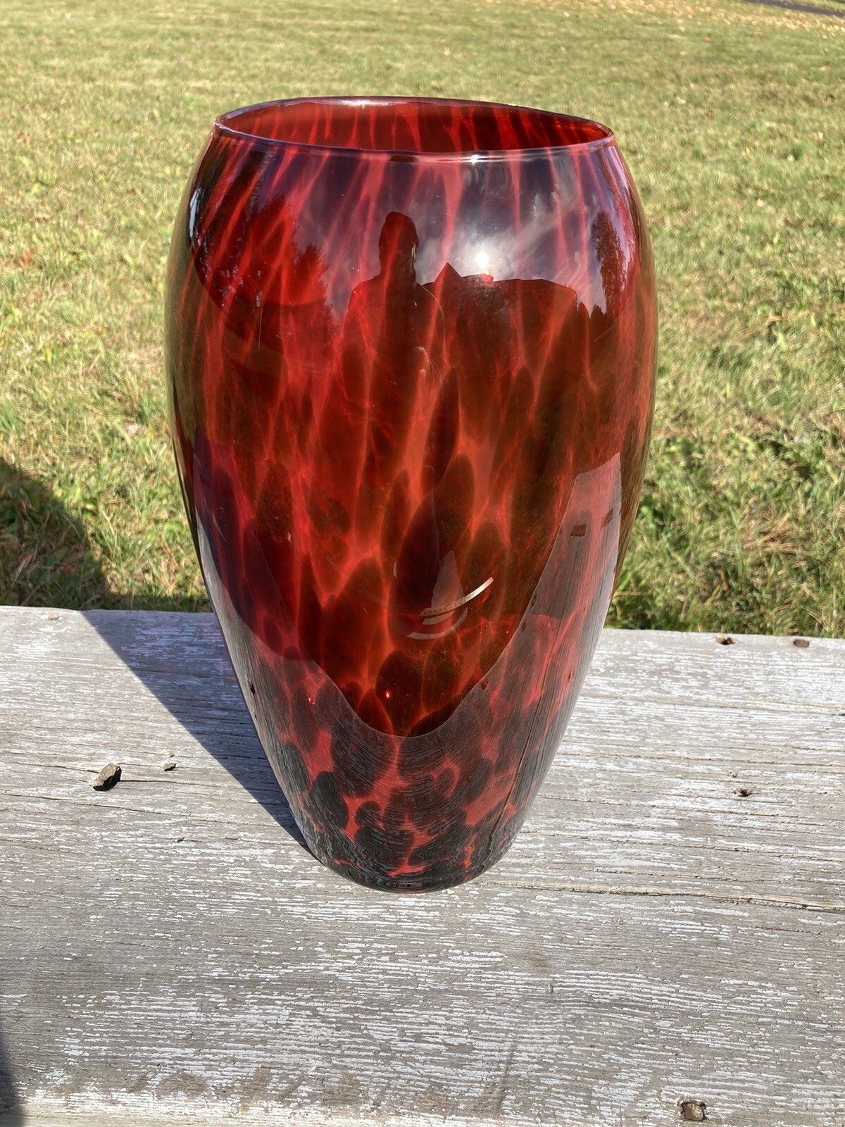 Red & Black Tiger Stripe Glass Vase 12” Tall – 4.5” Top Opening