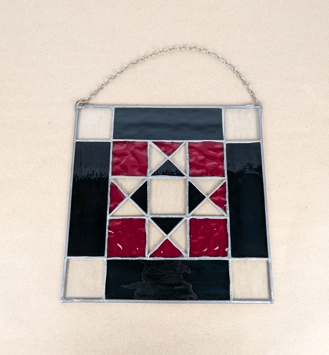 Vintage Quilt Block Geometric Window Suncatcher Blue Red 10″ Square Handmade