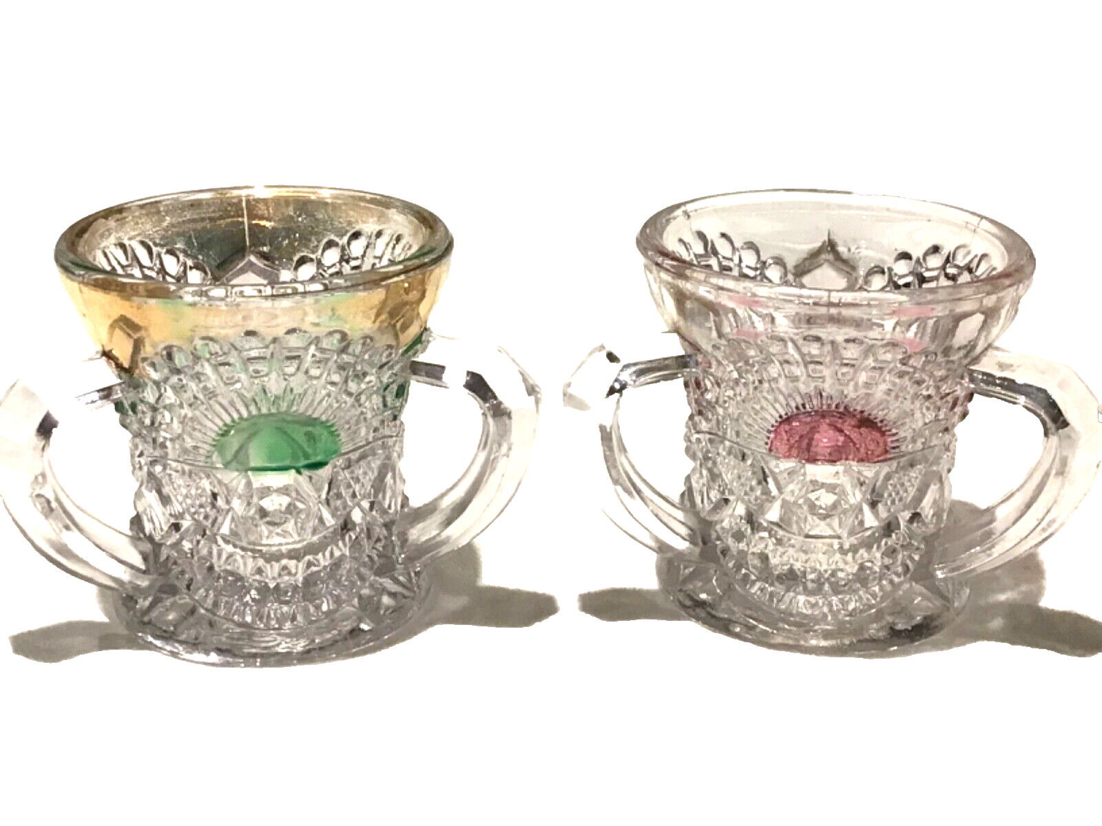 Victorian Toothpicks Rising Sun Patt. U.S. Glass Green Cranberry Flash PAIR VTG