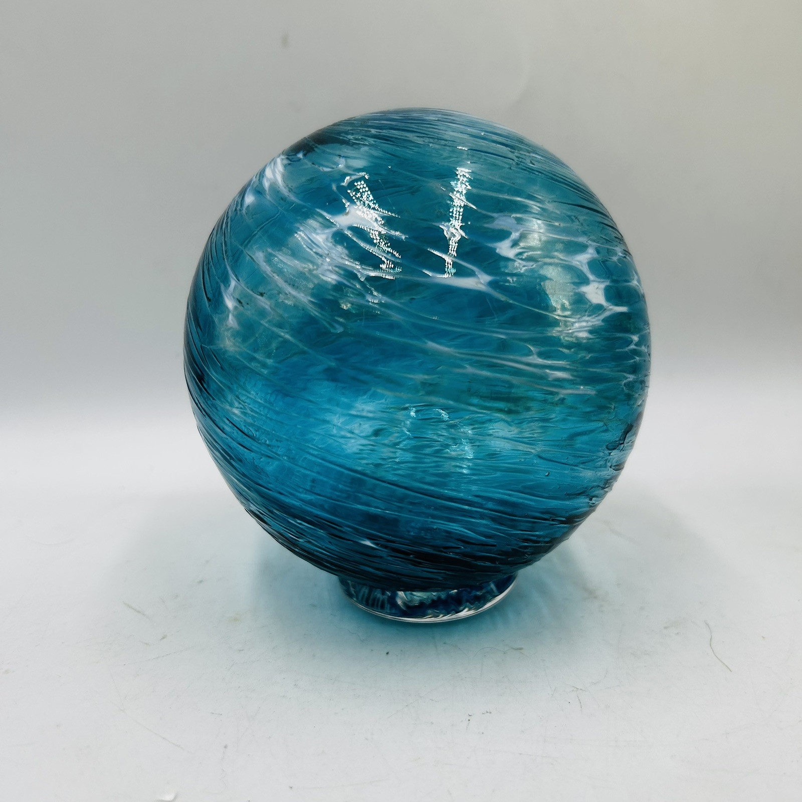 Opal Art Glass Blue White Swirl Glass Float Gazing Ball Orb 5” Tall