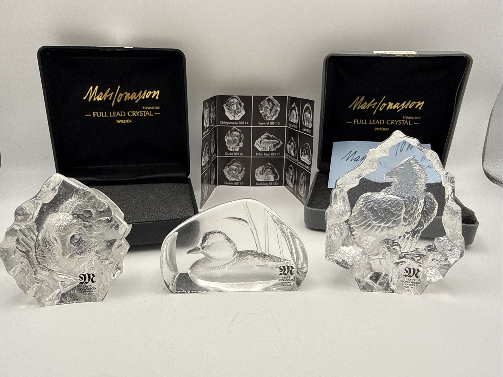 LOT OF 3 –MATS JONASSON CRYSTAL BALD EAGLE DUCK OWL OWLETS PAPERWEIGHTS-SIGNED