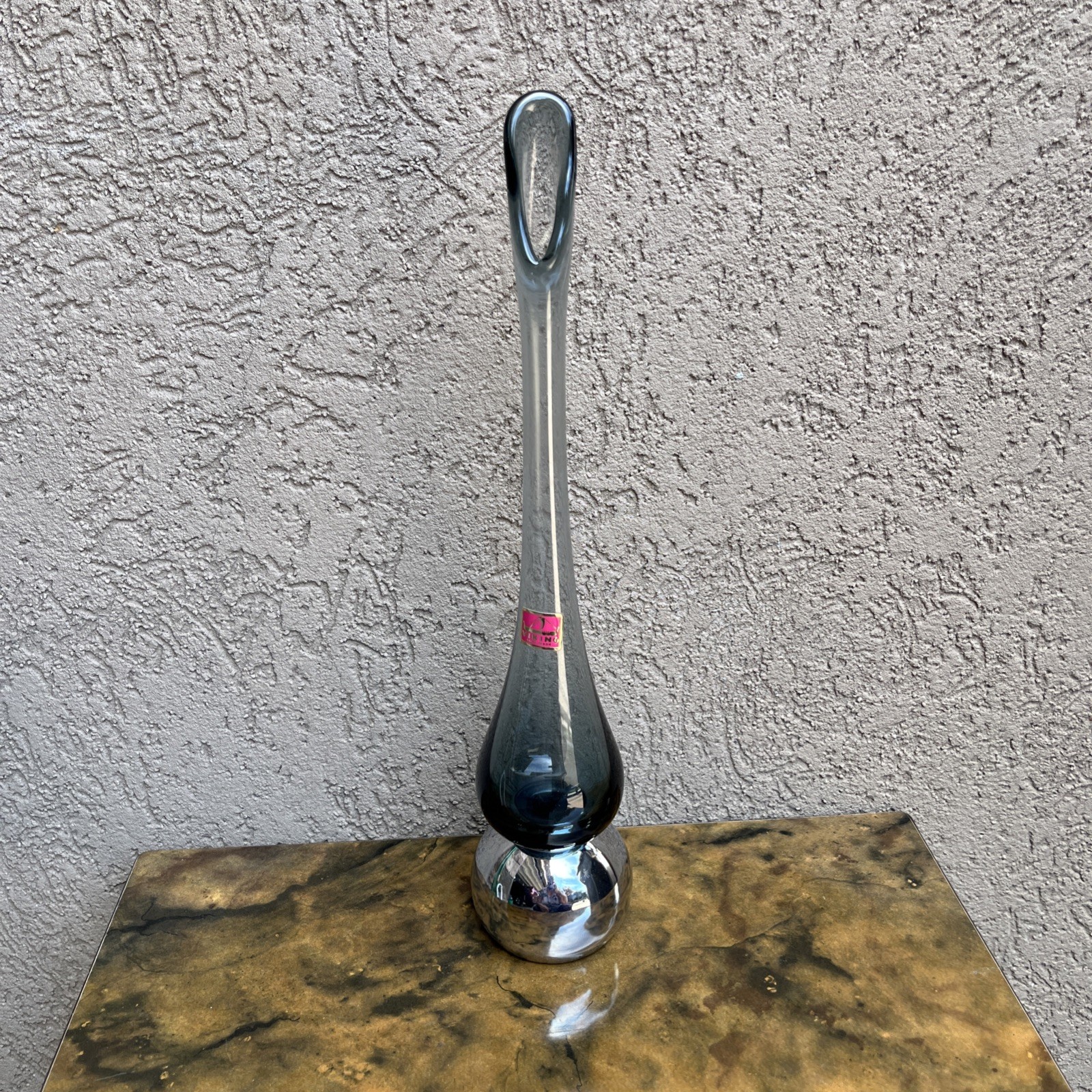 RARE Viking Glass Epic Swung Vase Charcoal Gray Chrome Base Mid Century Modern
