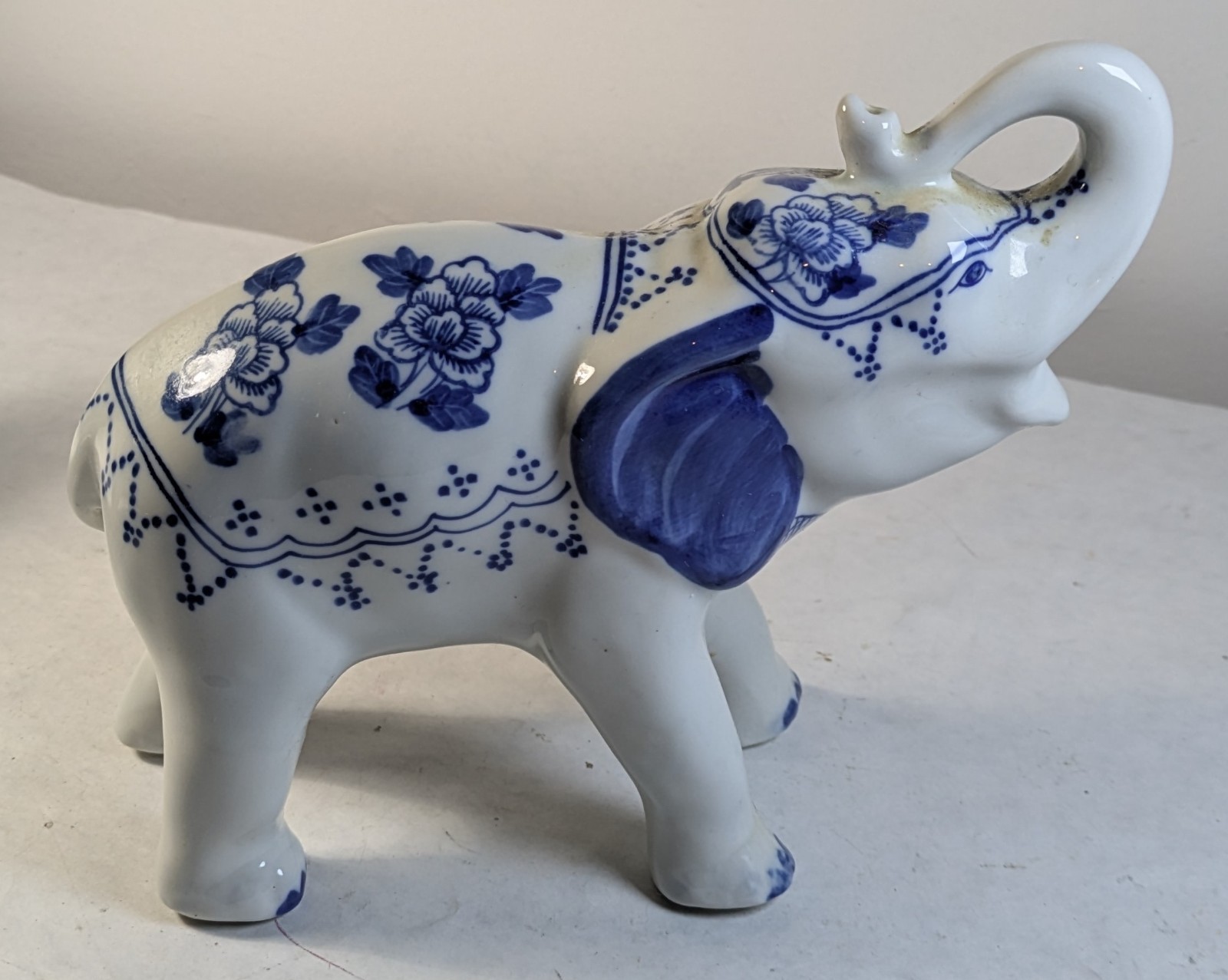 Pair of Blue and White Porcelain Elephant Figurines Trunk Up Good Luck