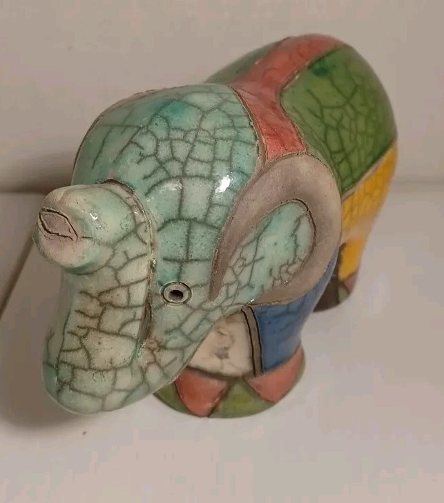 Raku Pottery Elephant Sculpture South Africa Bright Colors Trunk Up Good Luck