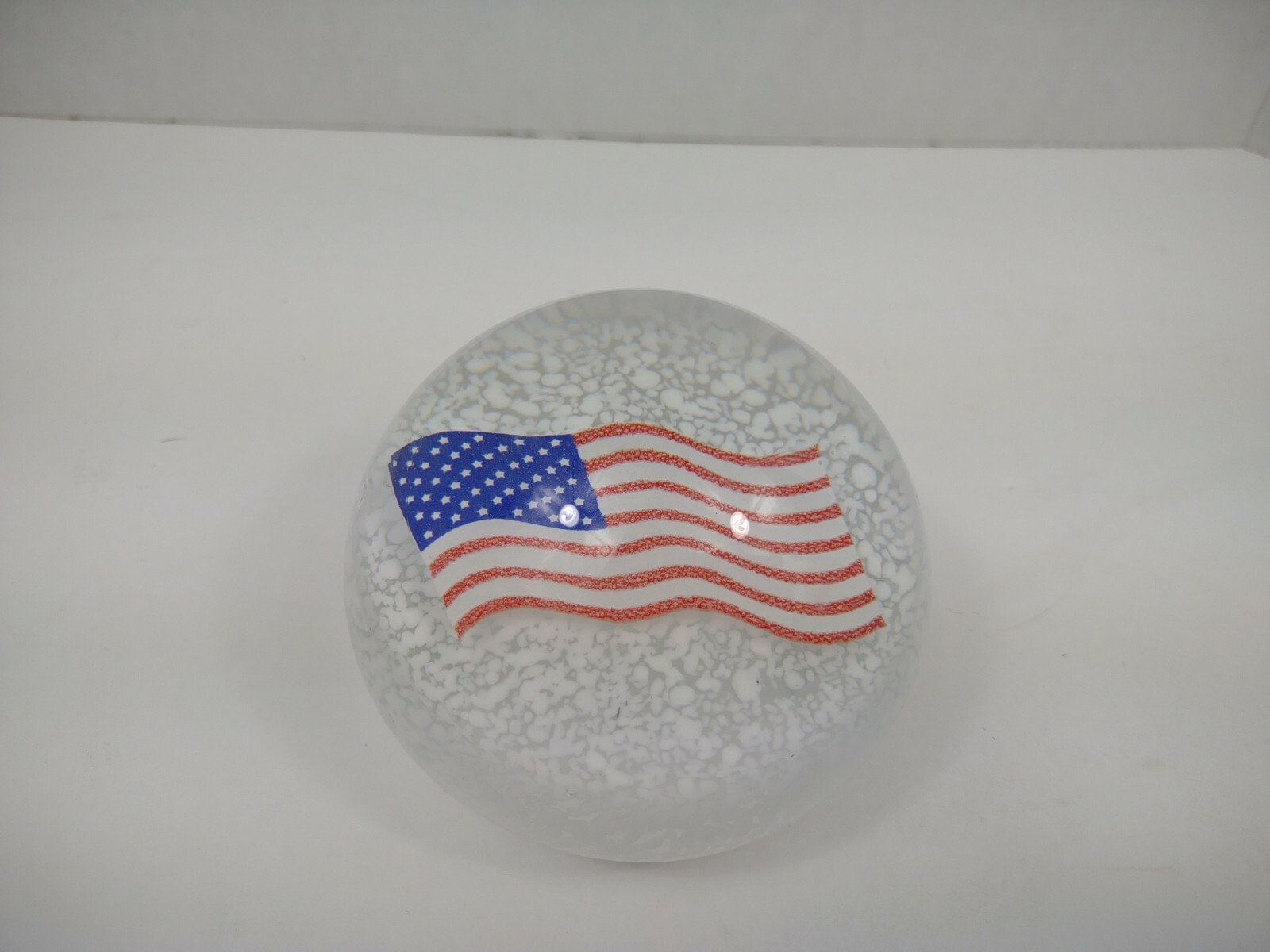Hand Made Blown Glass Paperweight American Flag USA Round Waving Large