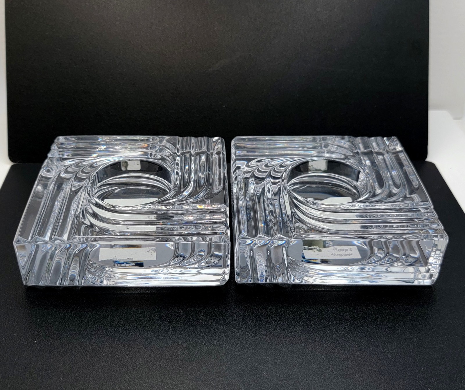 2 Marquis By Waterford Crystal Art Deco Square Votive Candle Holder Set