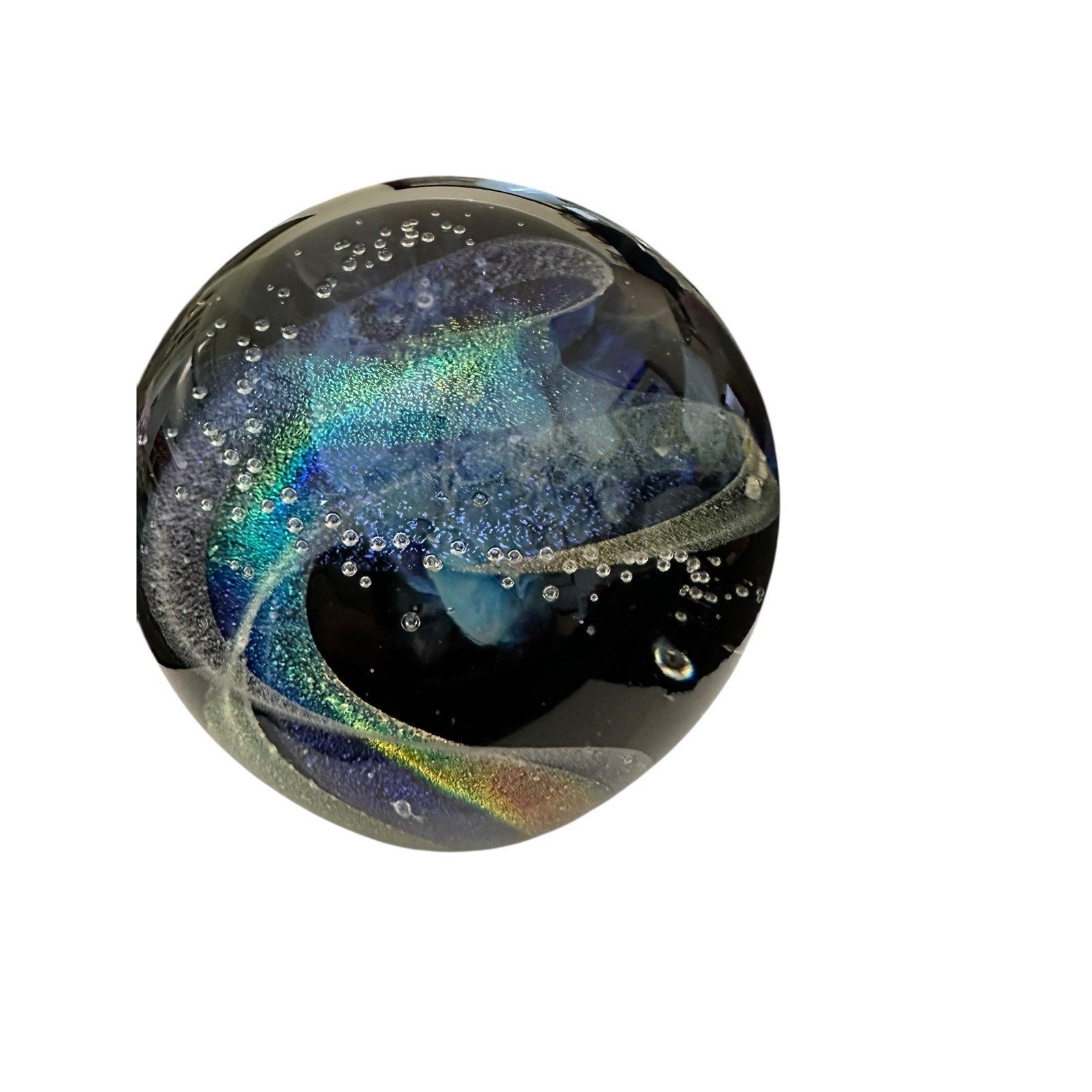 NEW Dark Nebula 4” Orb Blue Nebula of Dichroic Glass and Encased Bubbles Signed