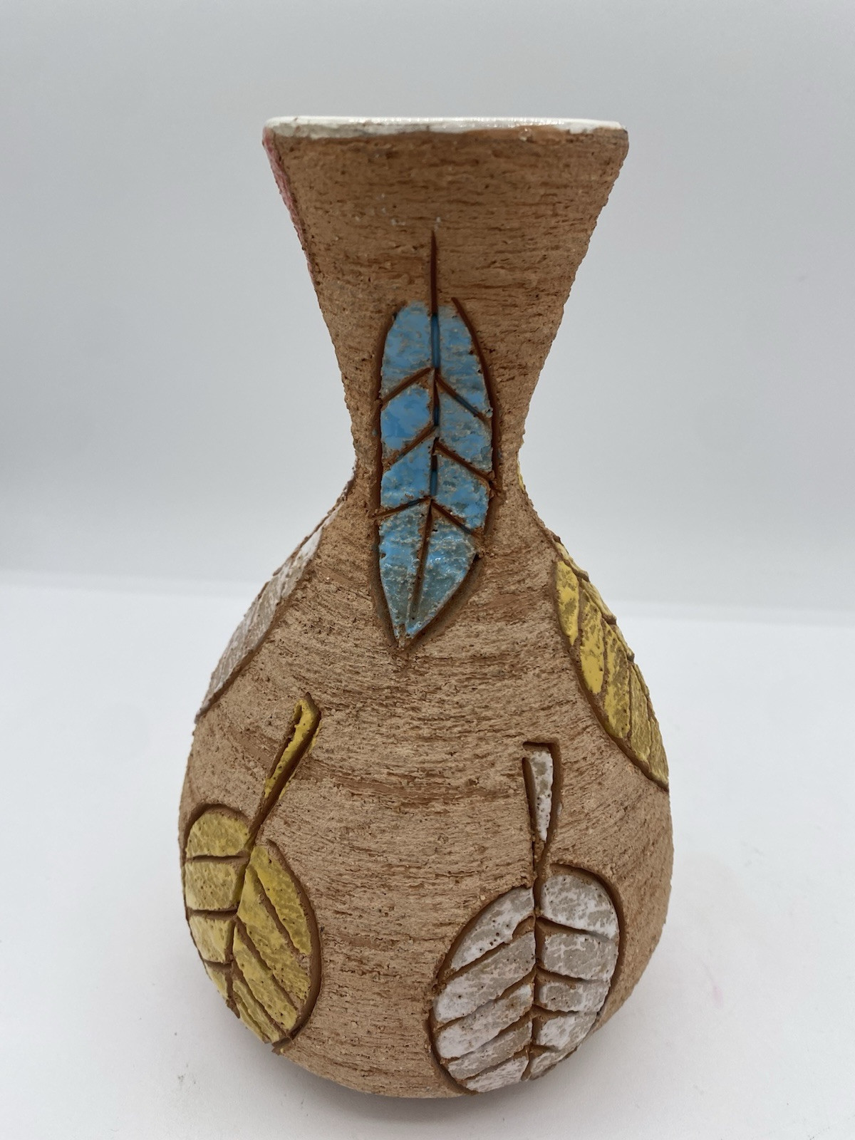Fratelli Fanciullacci, Italy. Unique Ceramic Textured Vase with Colorful Leaves