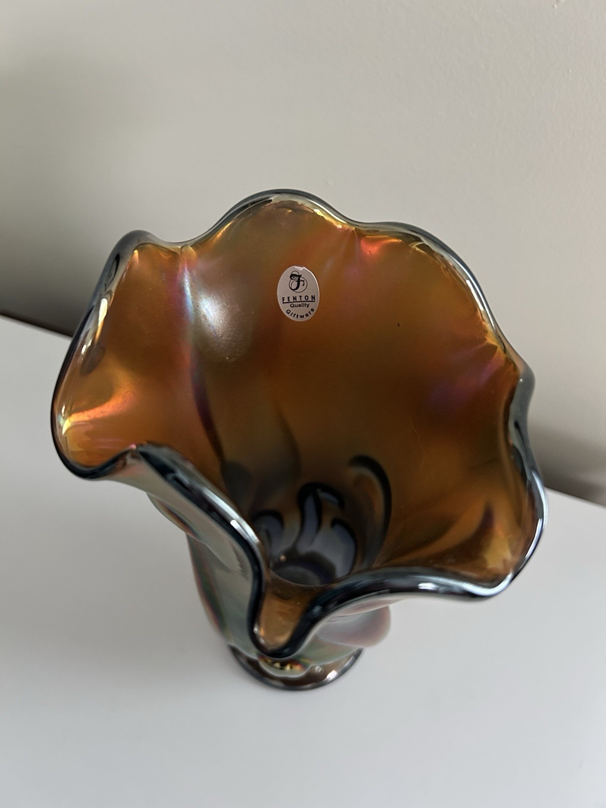 Fenton Carnival Stretch Glass Vase Iridescent Signed 9.5 Inches