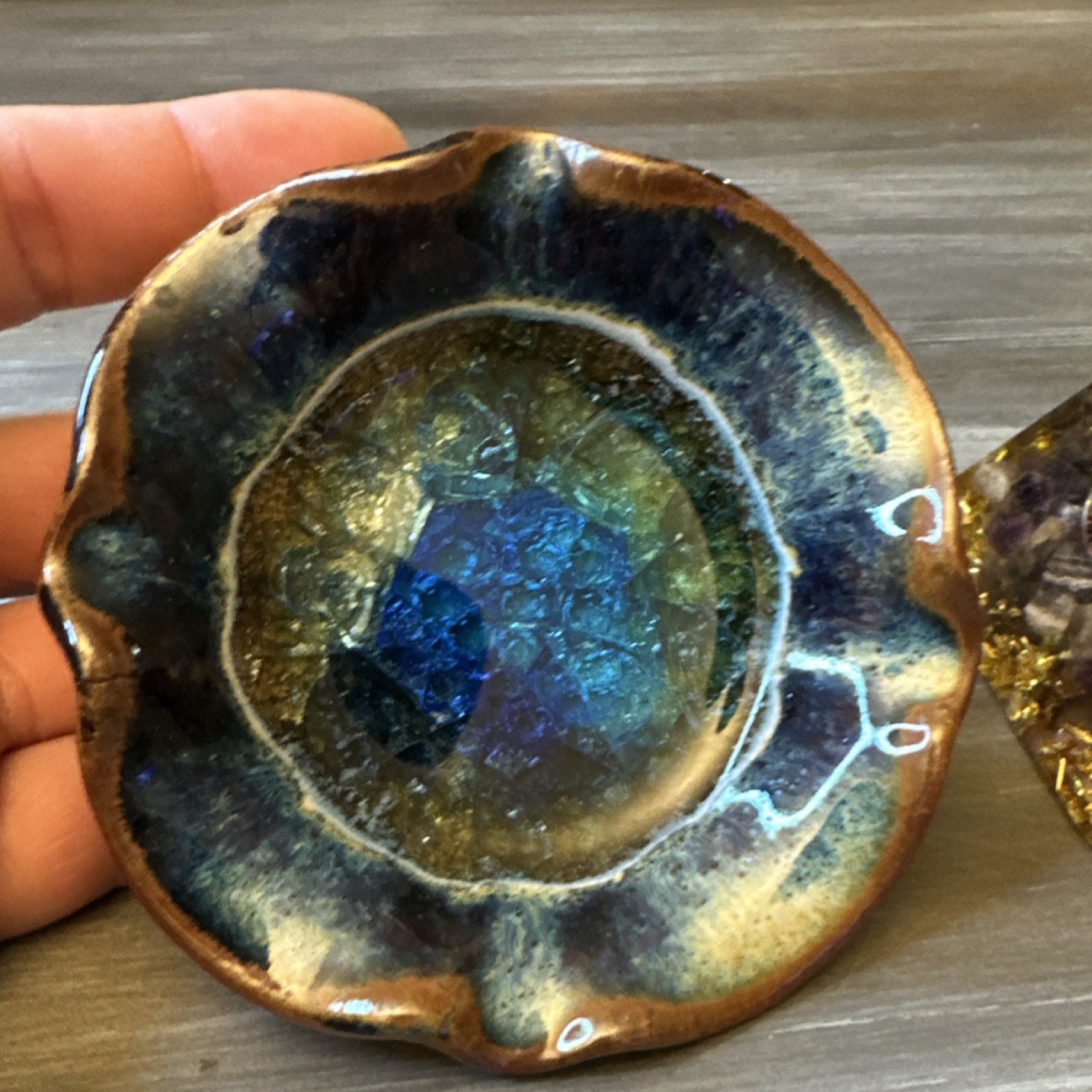Decorative Art Pottery Ceramic Round Ashtray, Blue & Brown Glossy Glaze