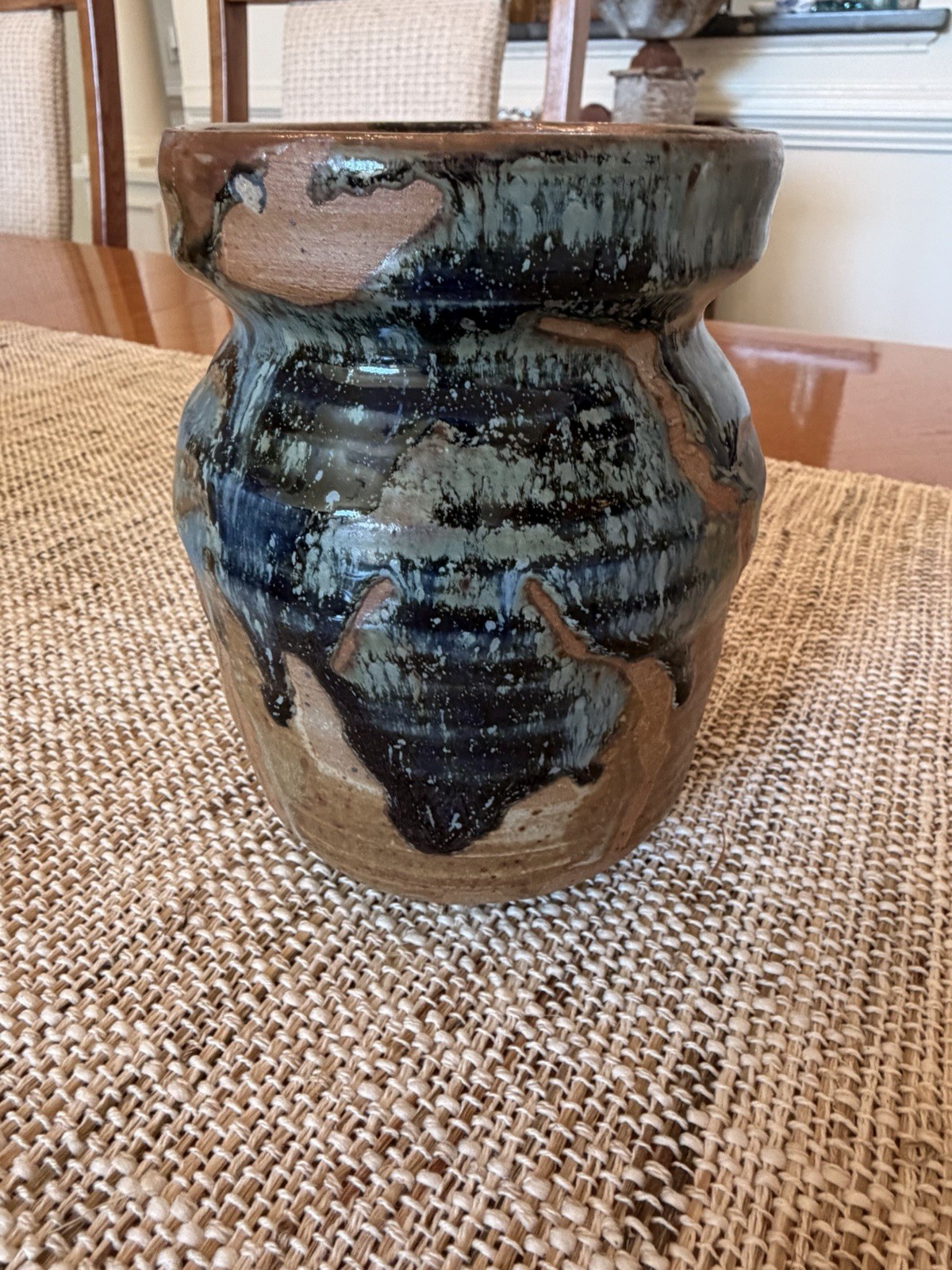 Handmade Art Pottery Ceramic Vase Brown Black Blue Abstract Glossy 6.5” Tall