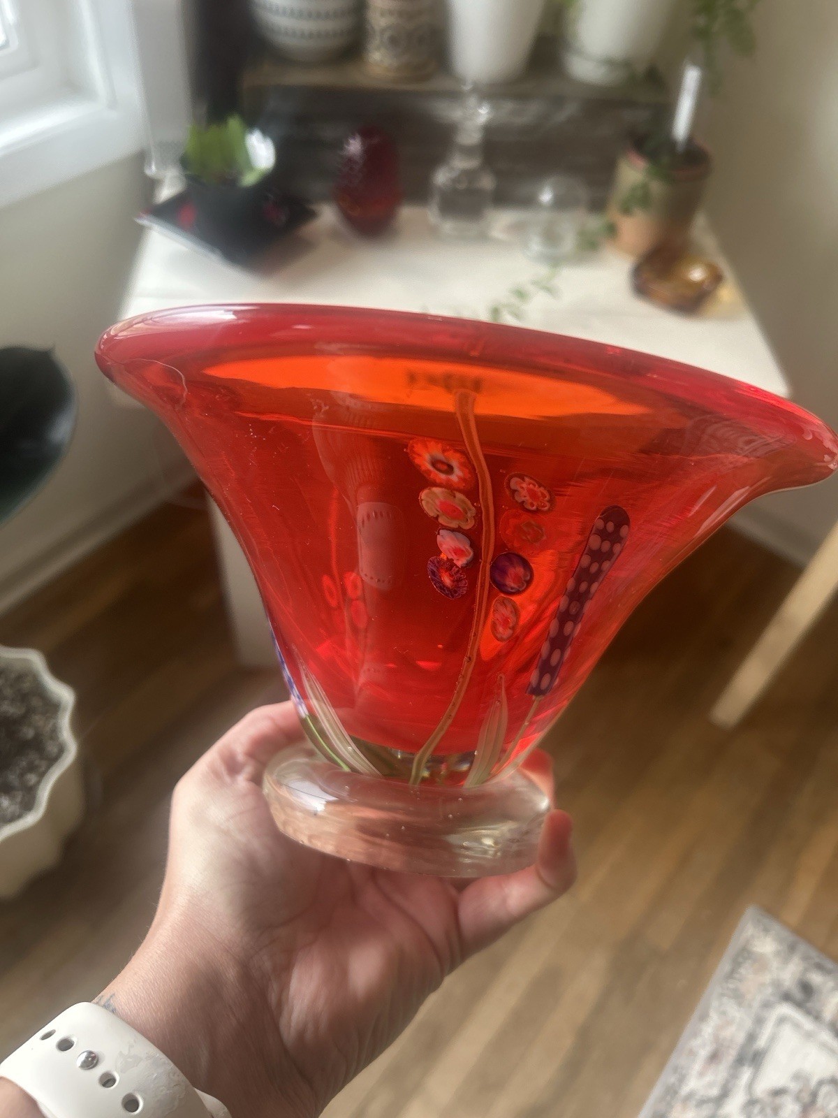 Red Art Glass Hand Blown Glass Vase w/ Abstract Floral Design & Glossy Finish