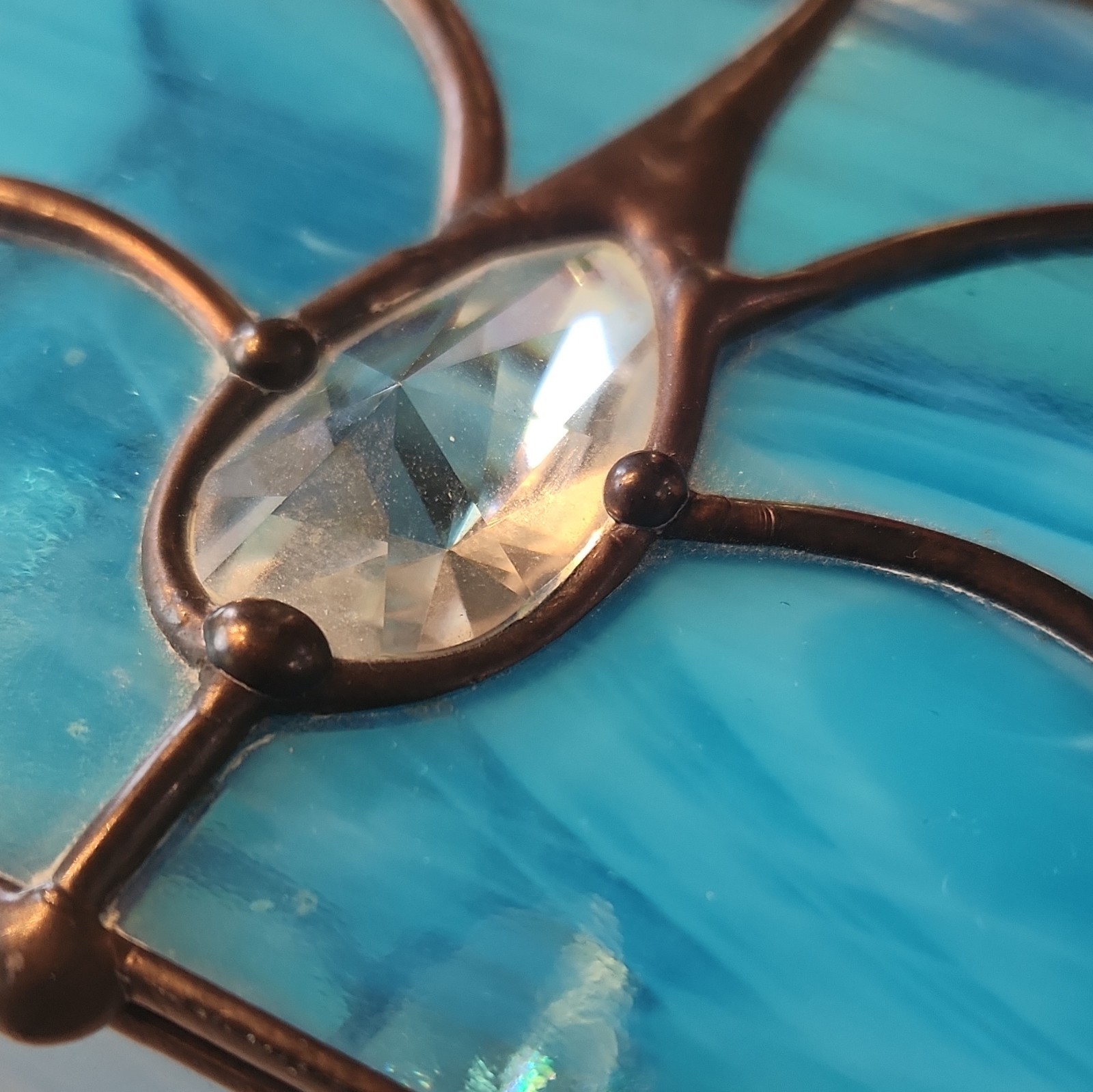 Unmarked Blue Stained Glass & Metal Lidded Decorative Box Clear Faceted Lid