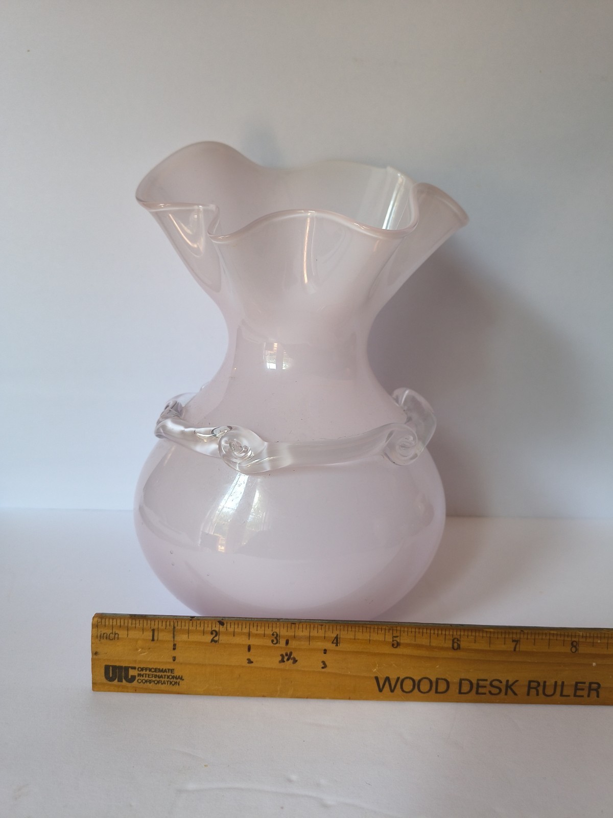 Vintage Margie’s Garden Pink Blown Glass “Bubble Button” Crimped Ruffle Vase