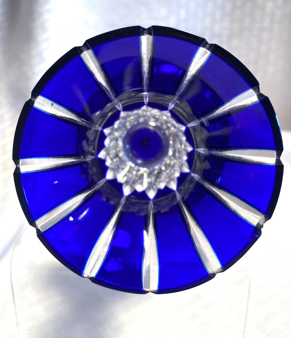 AJKA CASTILLE CANDLESTICK COBALT BLUE CUT TO CLEAR CRYSTAL BOHEMIAN HUNGARY TAG