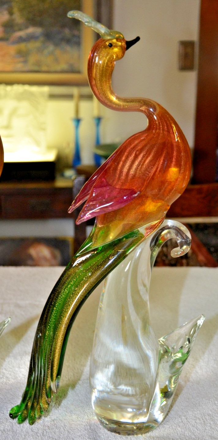 c1950s Pair 17” MURANO Birds Of Paradise/Peacocks Green Red & Aventurine Gold