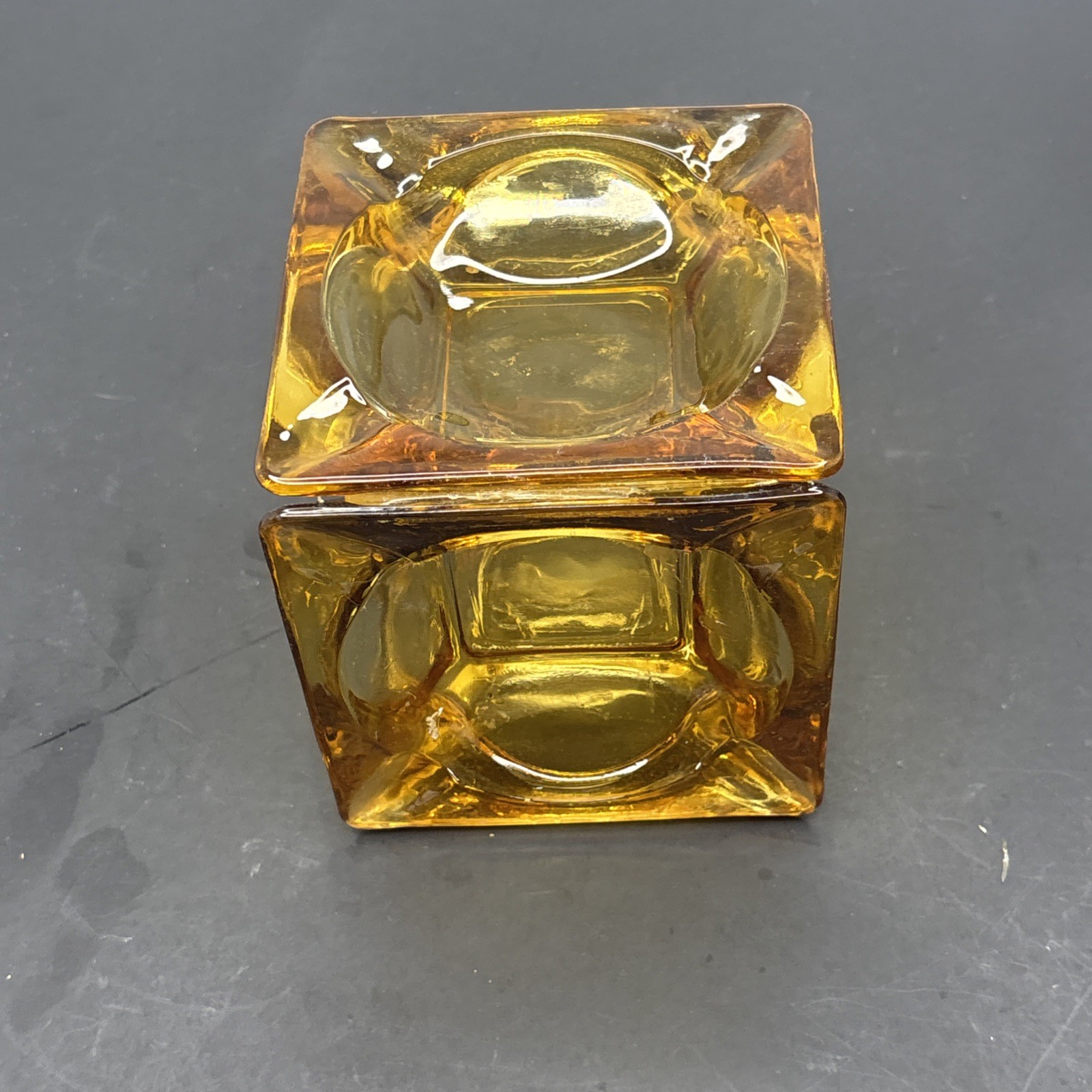 Art Glass Ashtray Amber Vase Planter Candle Holder Sculpture 6”Heavy 70’s