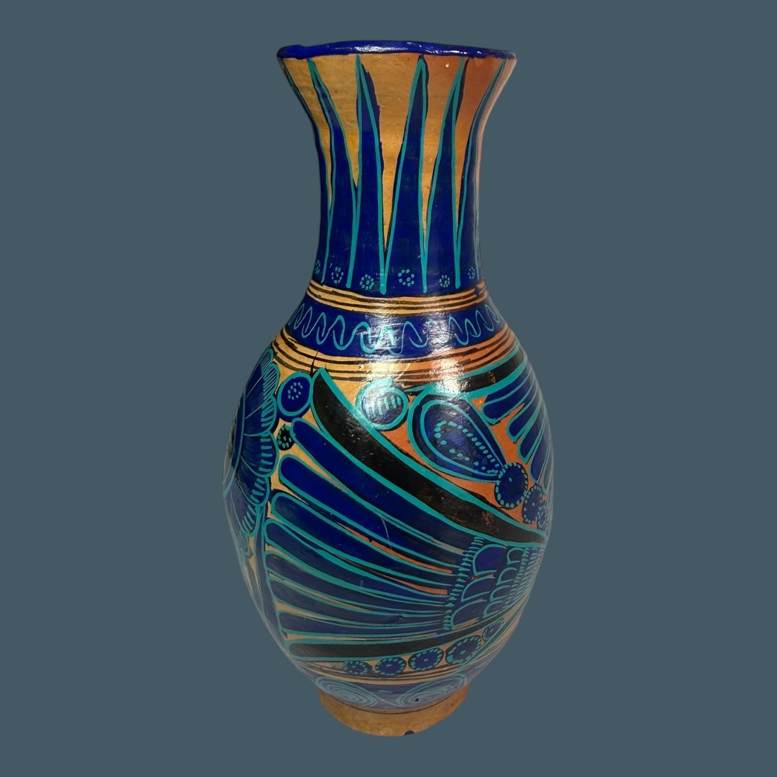 Vintage Mexican Folk Art Vase Talavera Blue Bird Wheel Thrown Terracotta Pottery