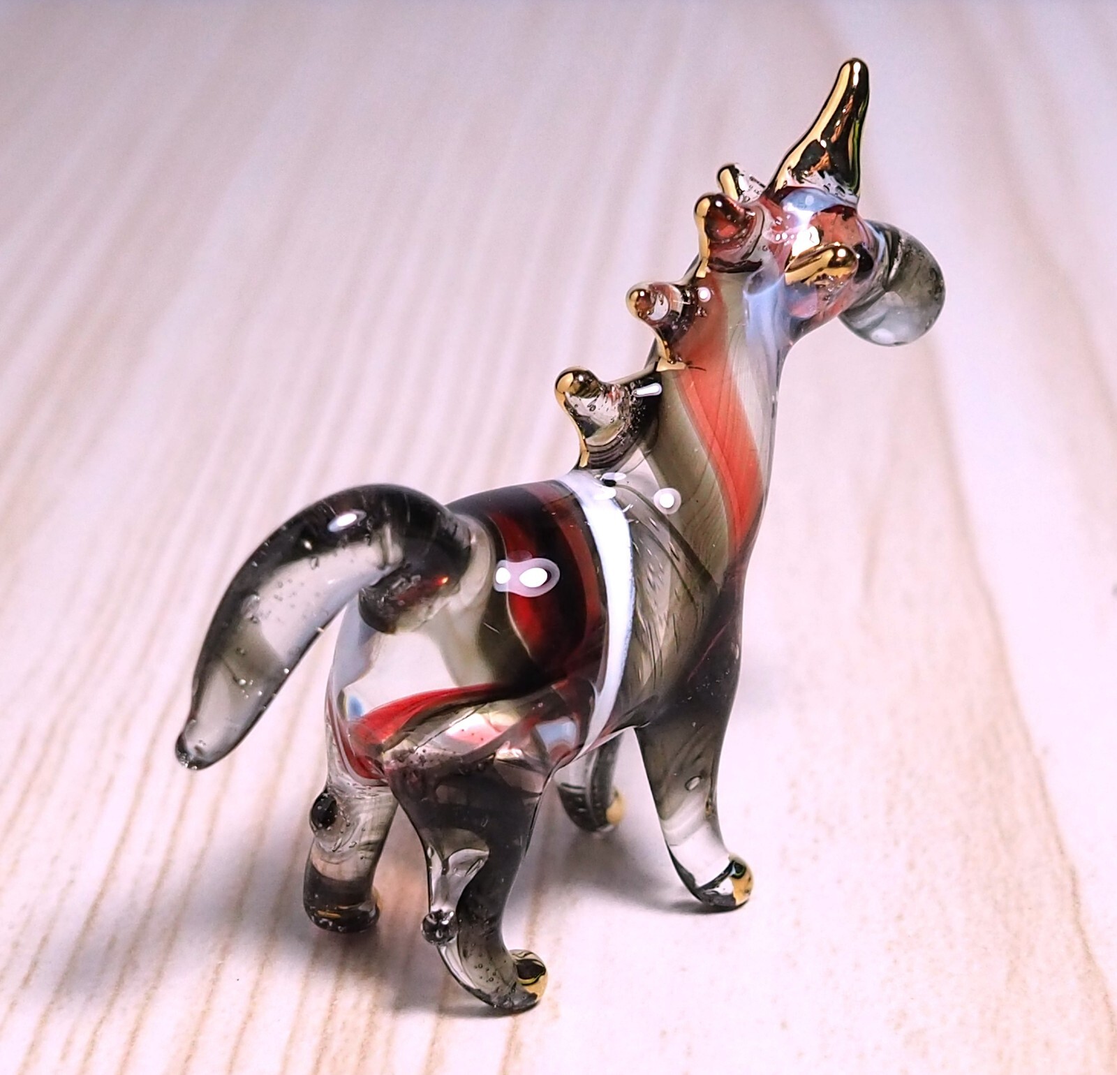 black Unicorn horse figurine hand blown glass art Myth gold trim 1.8″ gift decor