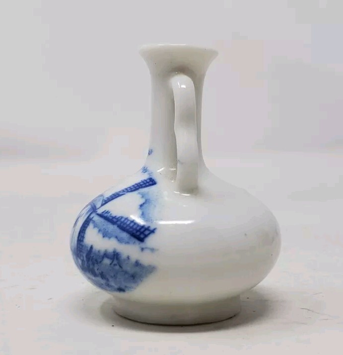 Vtg Delft Blue Miniature Bud Vase Hand Painted Holland Porcelain Windmill 2.75″