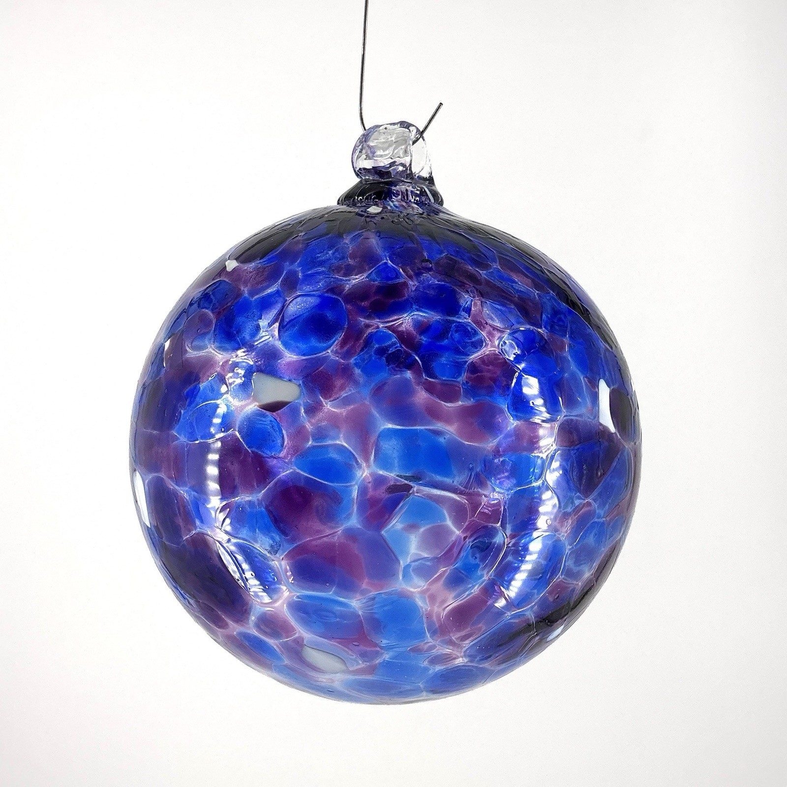 Studio Art Blown Glass Ornament Witch Ball Blue Purple Confetti 4” Large 001