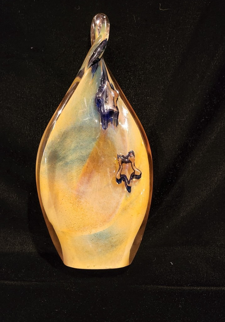 Hand blown Art Glass Twisted/Swirl Teardrop with Blue Stars Sculpture – 7.5 inch
