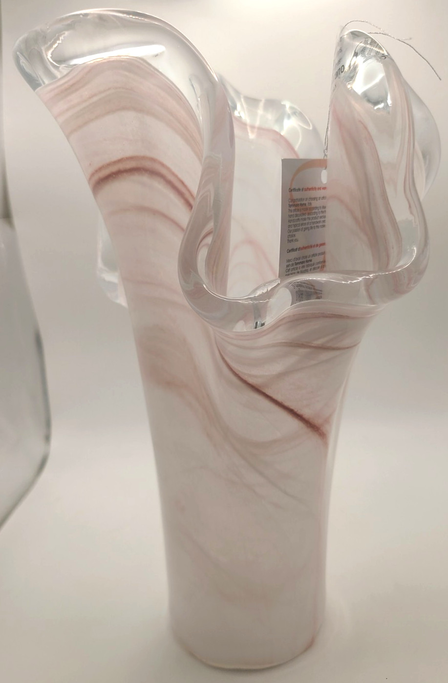 Tammaro Home Murano Style Glass Handkerchief Ruffle Vase Pink Swirl 10.5”