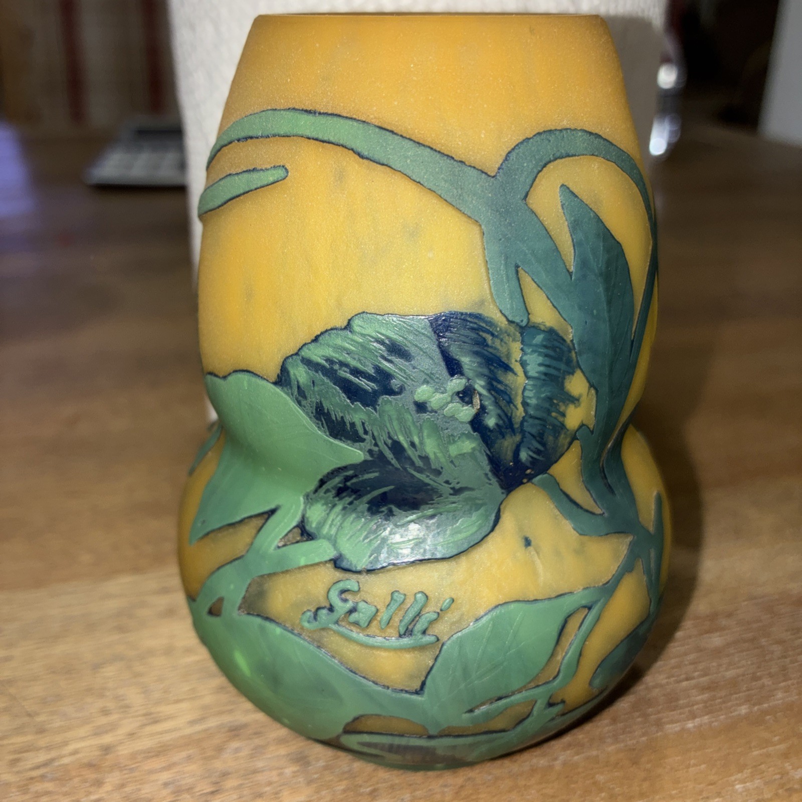 “Signed Gallé Style Cameo Glass Vase Yellow Green Floral Art Glass”