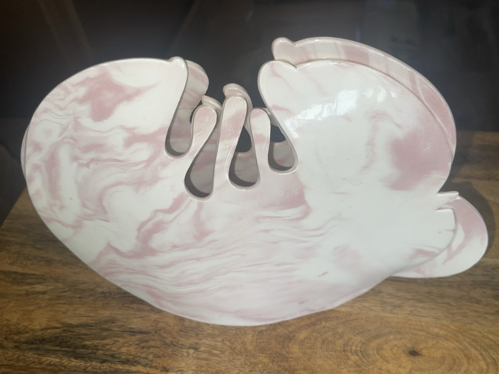 Carolyn Leung Signed Pink White Marbled Abstract Art Display Vase Modernist VGUC