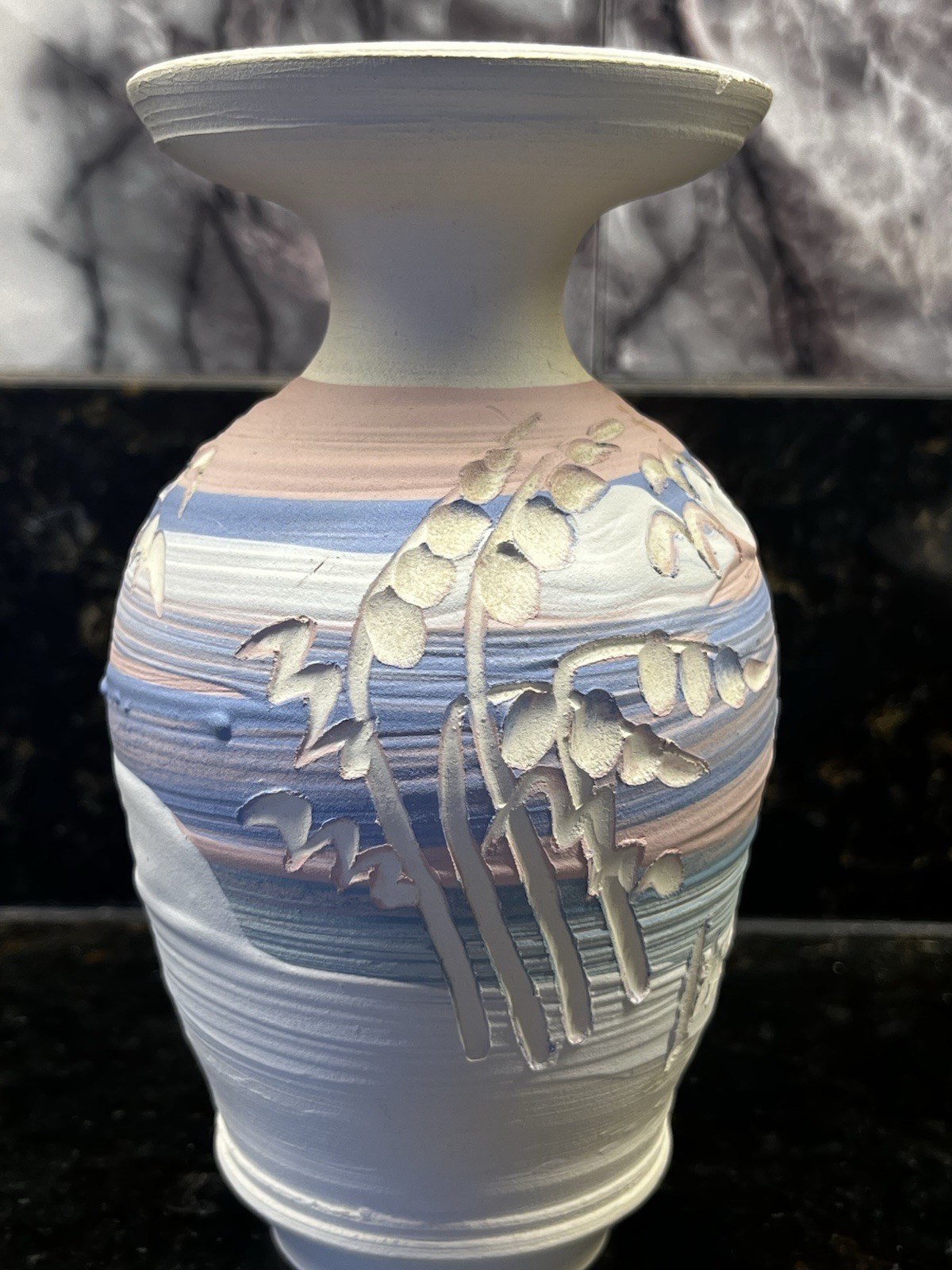 Studio Pottery Beach Vase Signed Ocean Carved Pink Blue Sunset 5×3